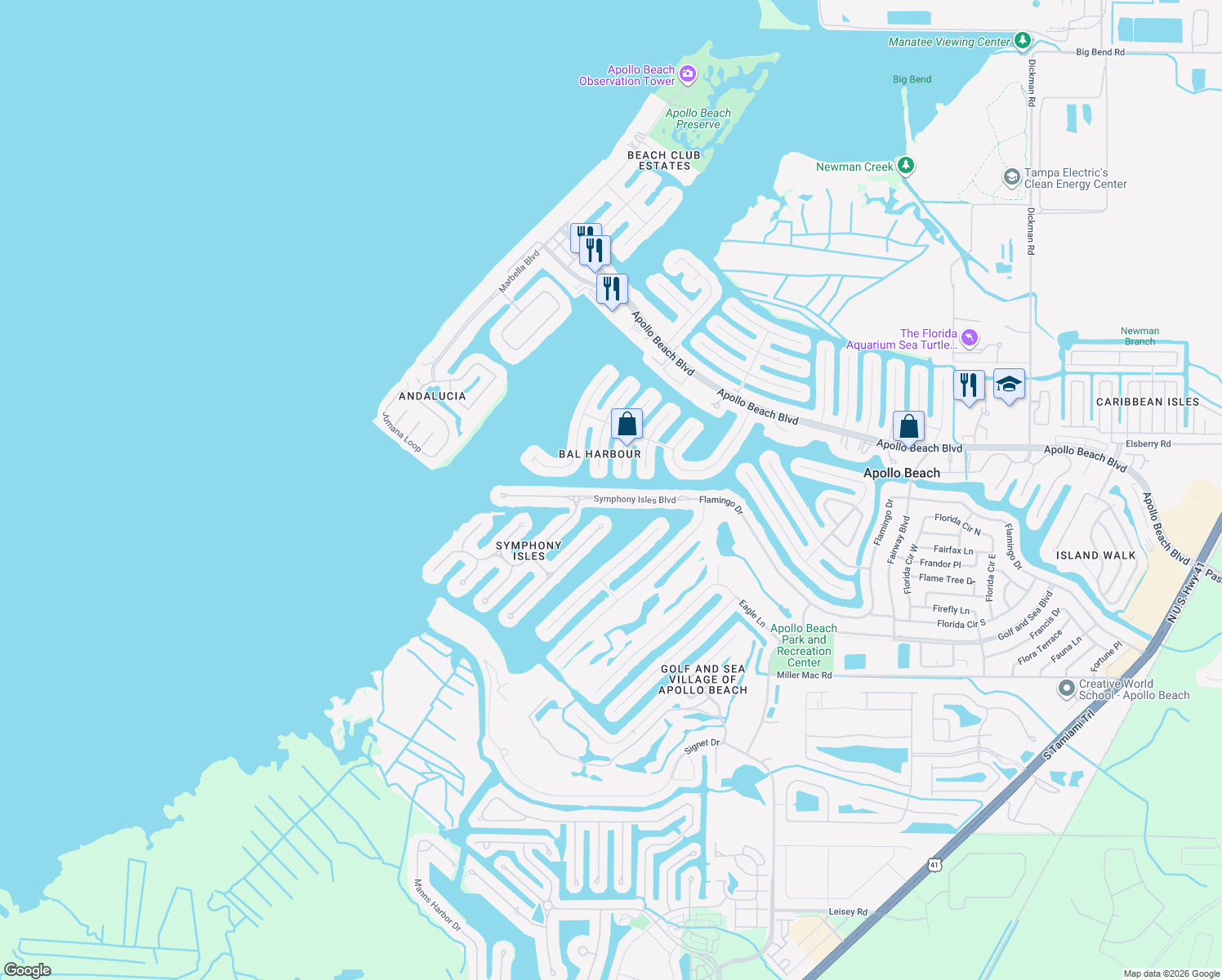 map of restaurants, bars, coffee shops, grocery stores, and more near 861 Symphony Isles Boulevard in Apollo Beach