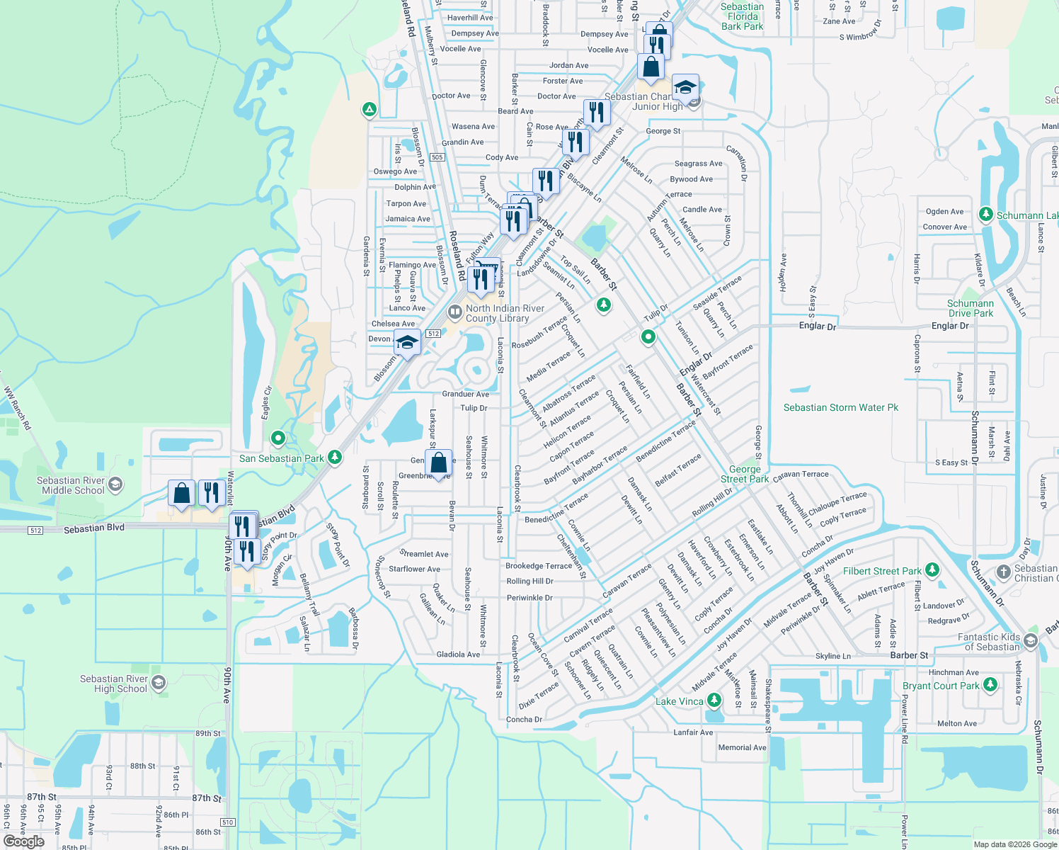 map of restaurants, bars, coffee shops, grocery stores, and more near 740 Albatross Terrace in Sebastian