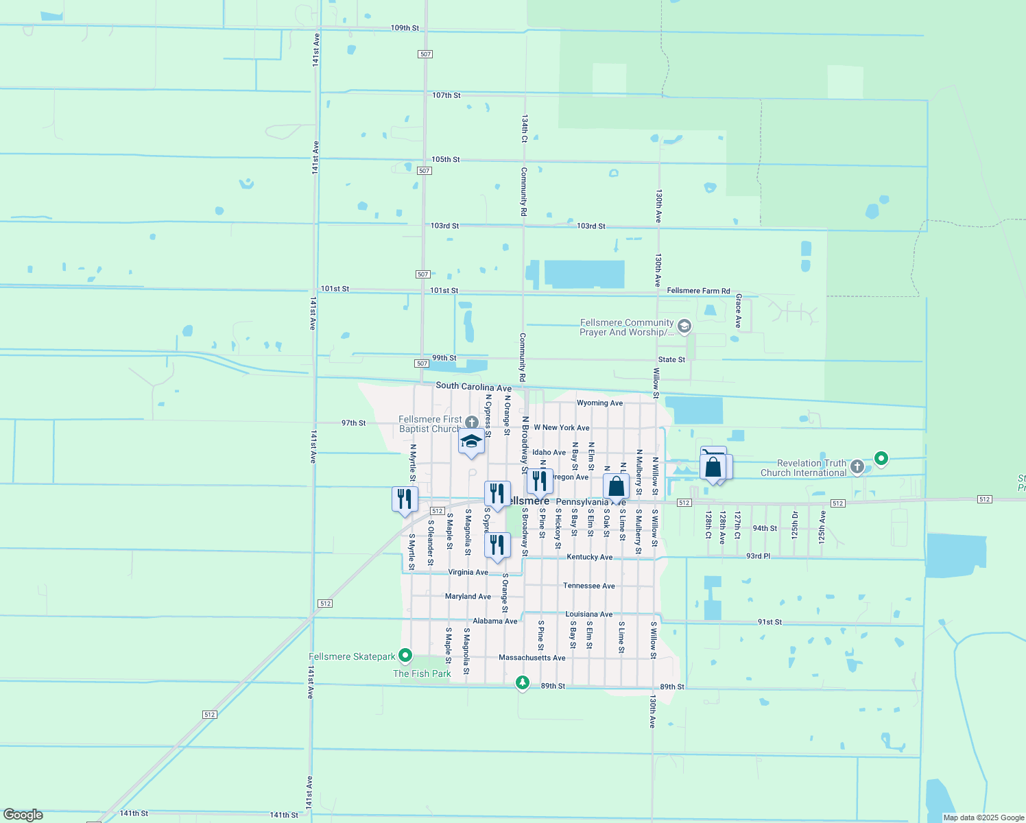 map of restaurants, bars, coffee shops, grocery stores, and more near 123 North Orange Street in Fellsmere