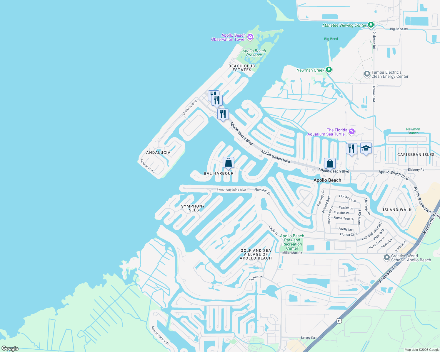 map of restaurants, bars, coffee shops, grocery stores, and more near 6307 Cottonwood Lane in Apollo Beach