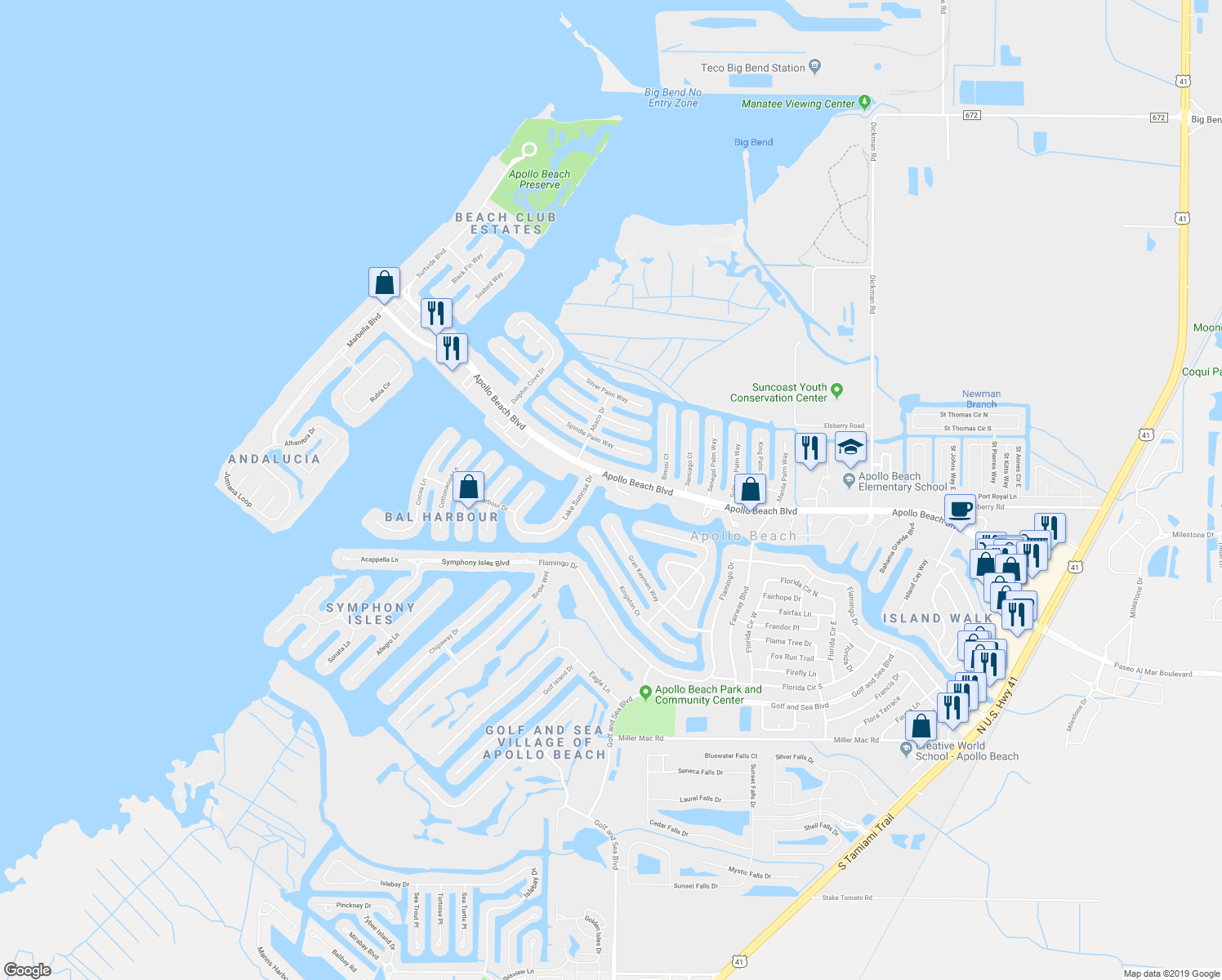 map of restaurants, bars, coffee shops, grocery stores, and more near 918 Shagos Drive in Apollo Beach