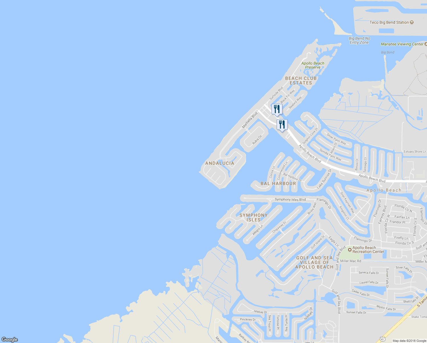 map of restaurants, bars, coffee shops, grocery stores, and more near 5910 La Rosa Lane in Apollo Beach