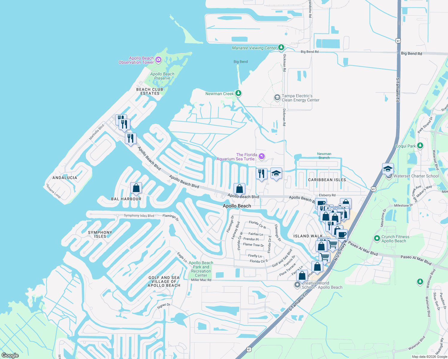 map of restaurants, bars, coffee shops, grocery stores, and more near 6512 Senegal Palm Way in Apollo Beach