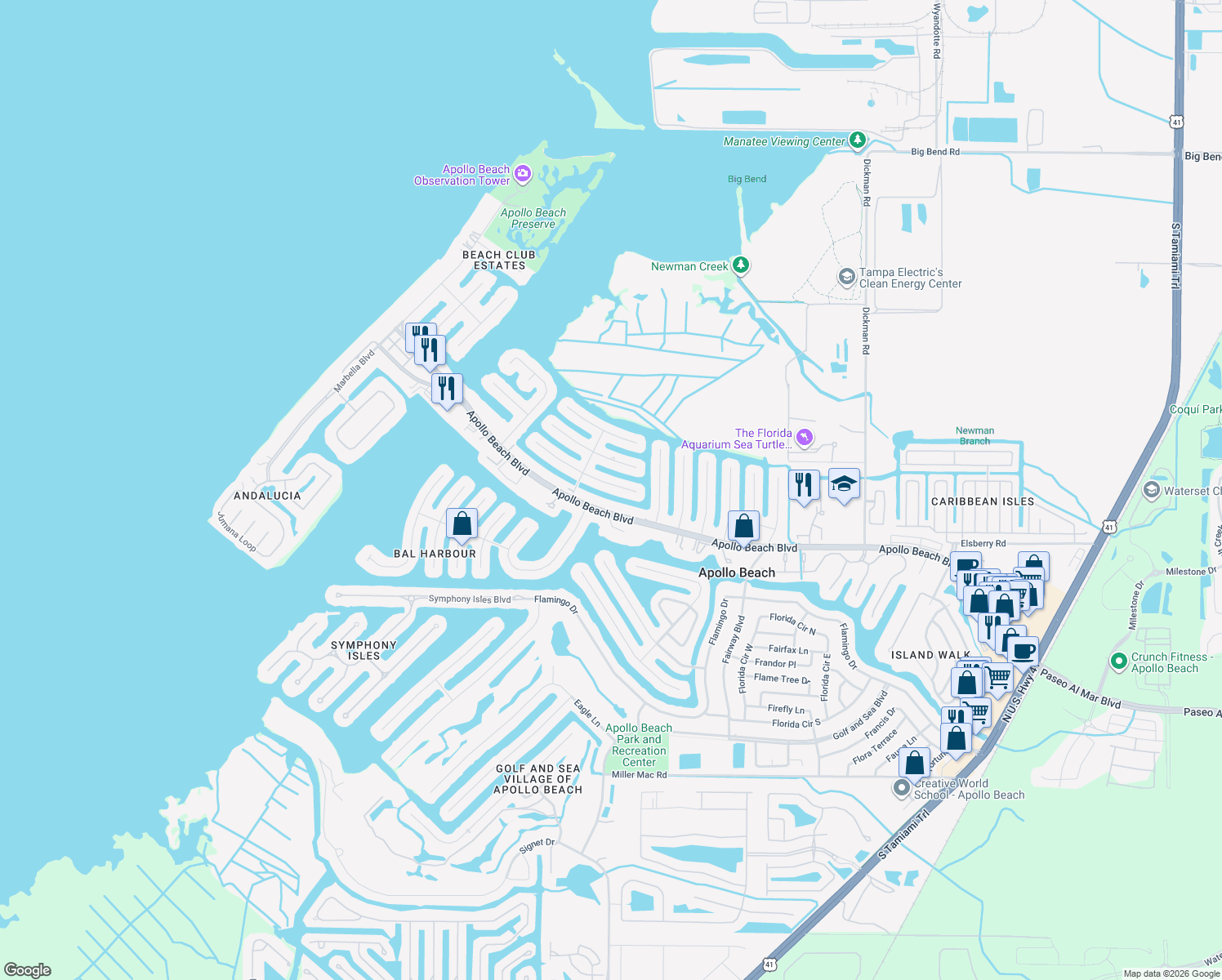 map of restaurants, bars, coffee shops, grocery stores, and more near 916 Spindle Palm Way in Apollo Beach