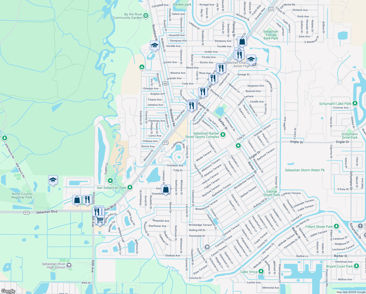 map of restaurants, bars, coffee shops, grocery stores, and more near 1412 Tradewinds Way in Sebastian