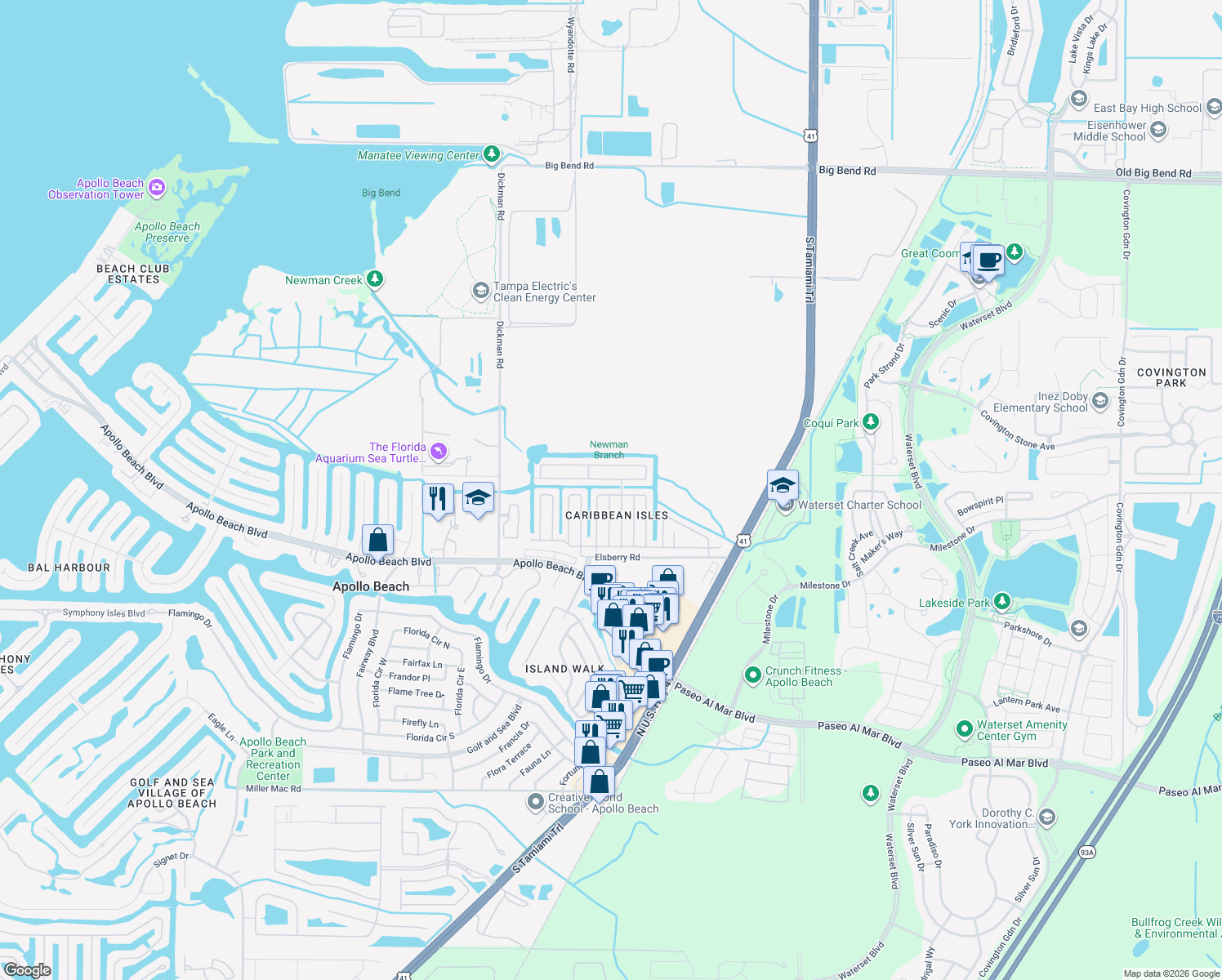 map of restaurants, bars, coffee shops, grocery stores, and more near 328 Port Royal Lane in Apollo Beach