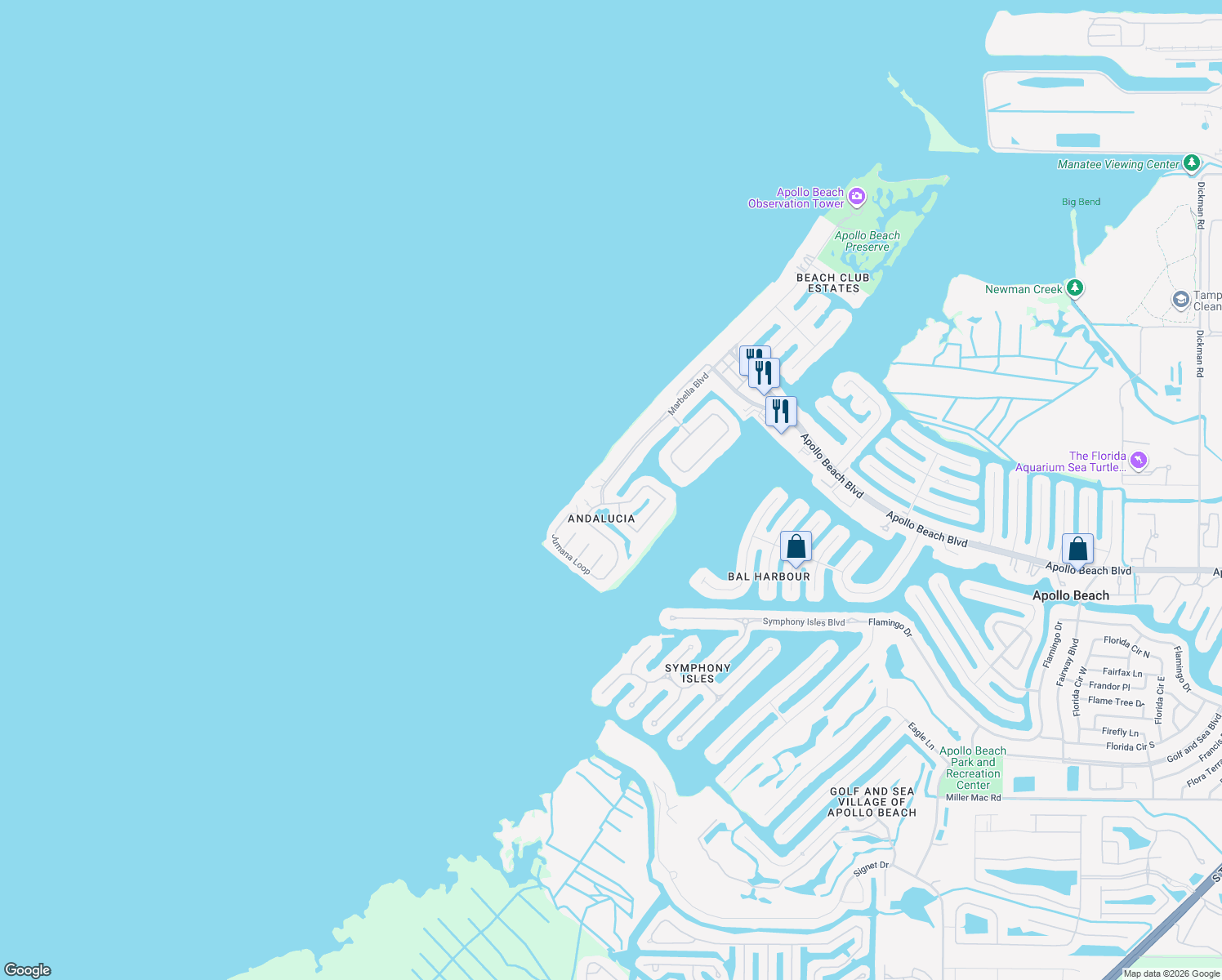 map of restaurants, bars, coffee shops, grocery stores, and more near 6107 Marbella Boulevard in Apollo Beach