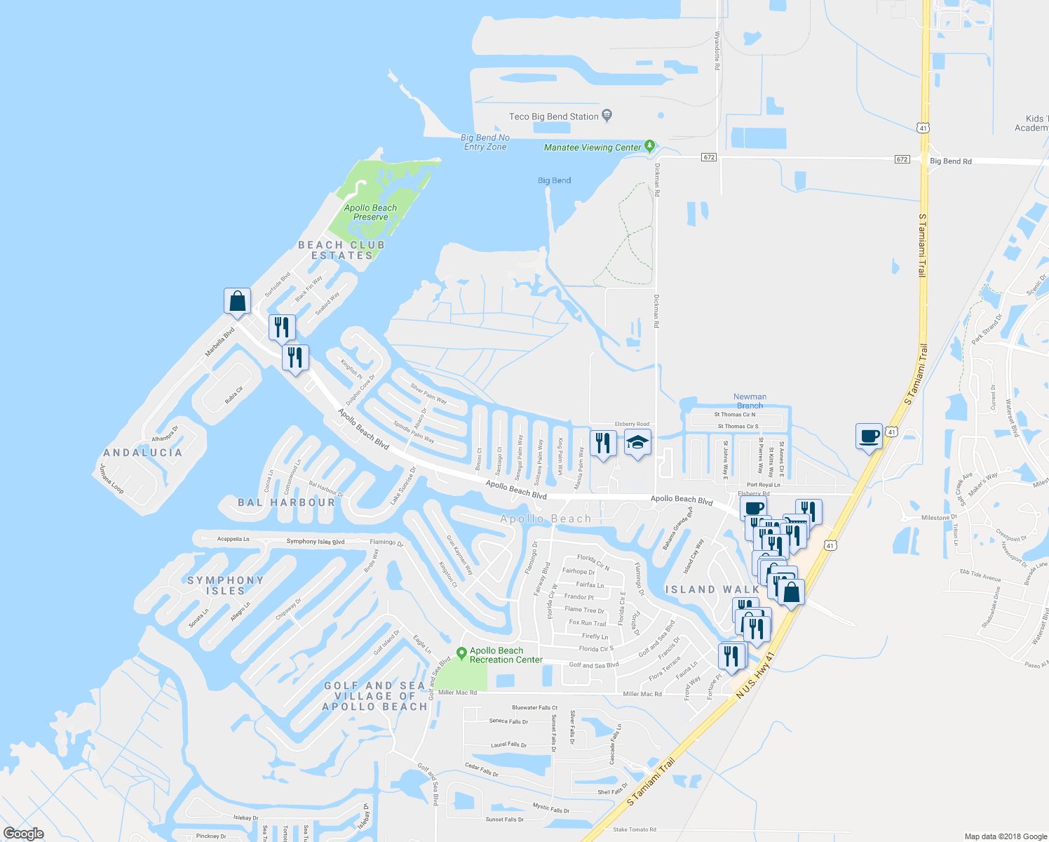 map of restaurants, bars, coffee shops, grocery stores, and more near 6533 Senegal Palm Way in Apollo Beach
