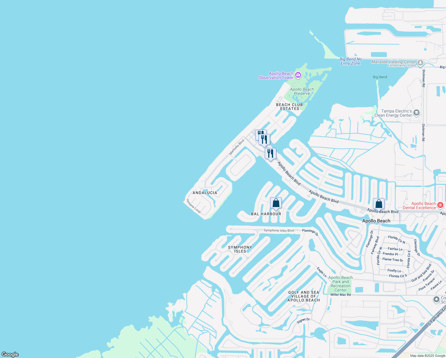 map of restaurants, bars, coffee shops, grocery stores, and more near 1313 Alhambra Drive in Apollo Beach