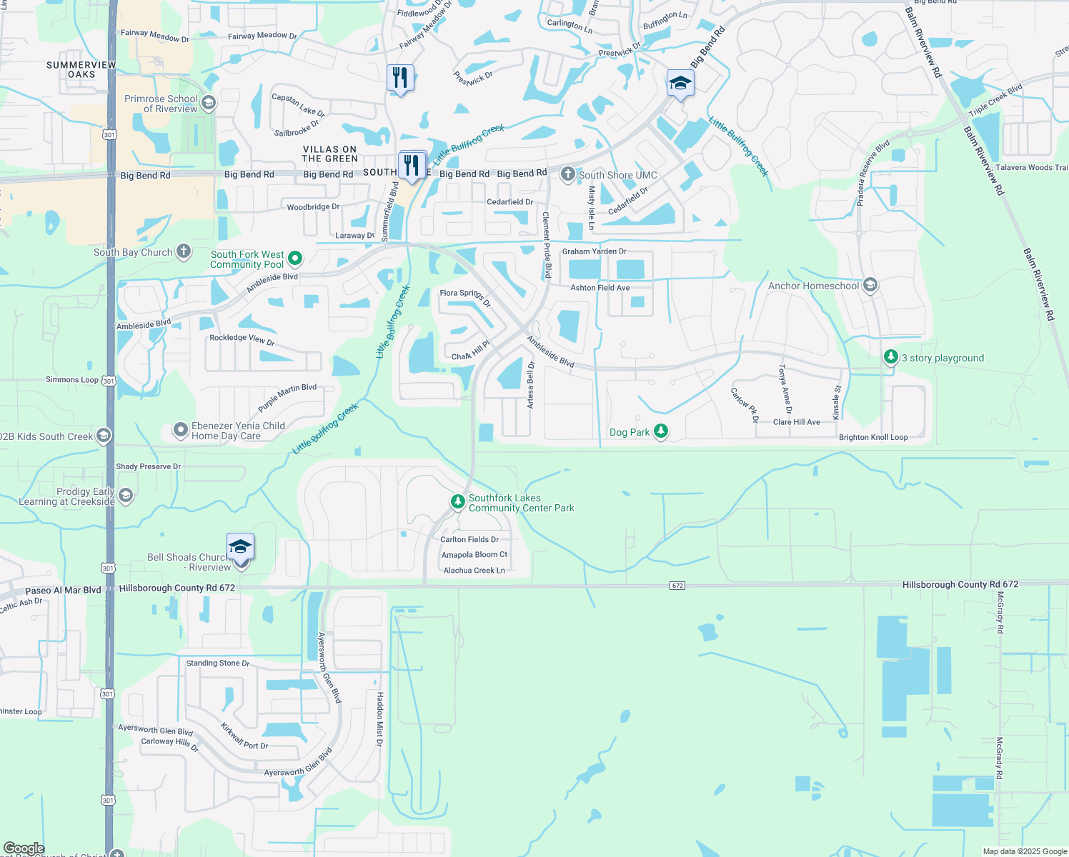 map of restaurants, bars, coffee shops, grocery stores, and more near 13643 Artesa Bell Drive in Riverview