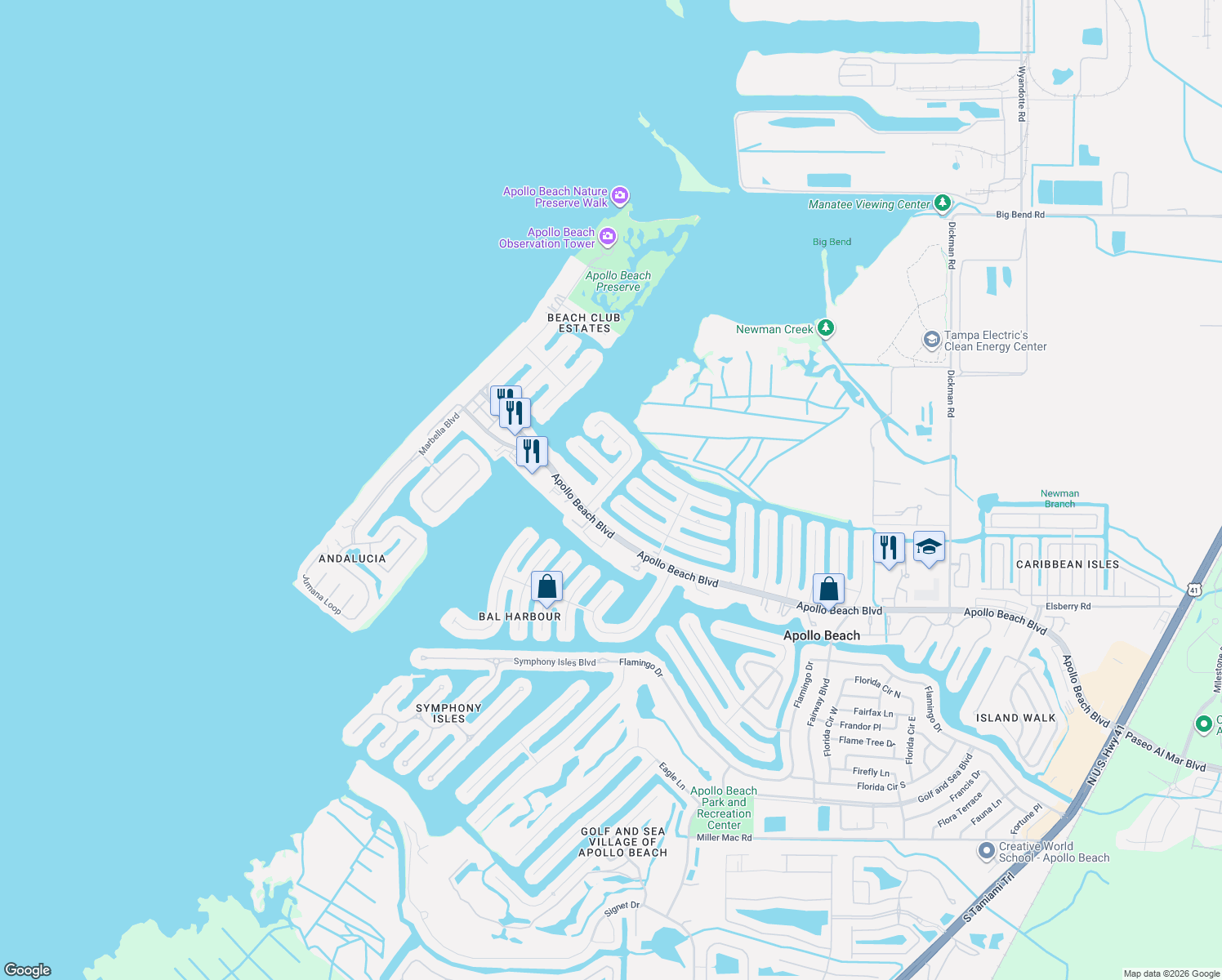 map of restaurants, bars, coffee shops, grocery stores, and more near 6511 Dolphin Cove Drive in Apollo Beach