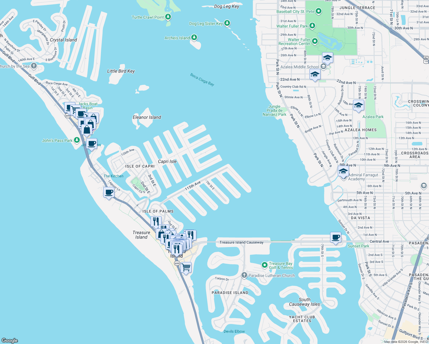 map of restaurants, bars, coffee shops, grocery stores, and more near 750 115th Avenue in Treasure Island