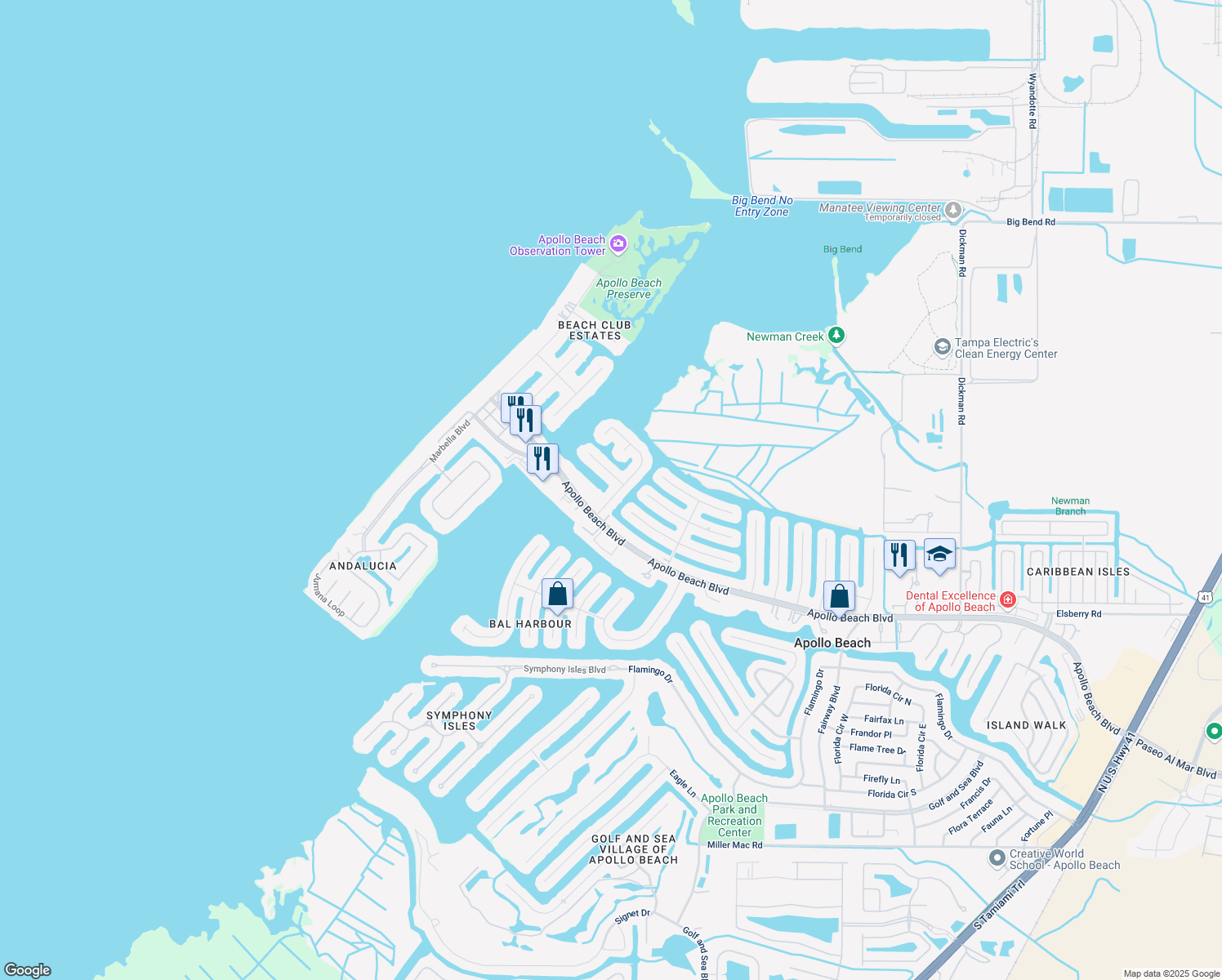 map of restaurants, bars, coffee shops, grocery stores, and more near 6514 Dolphin Cove Drive in Apollo Beach