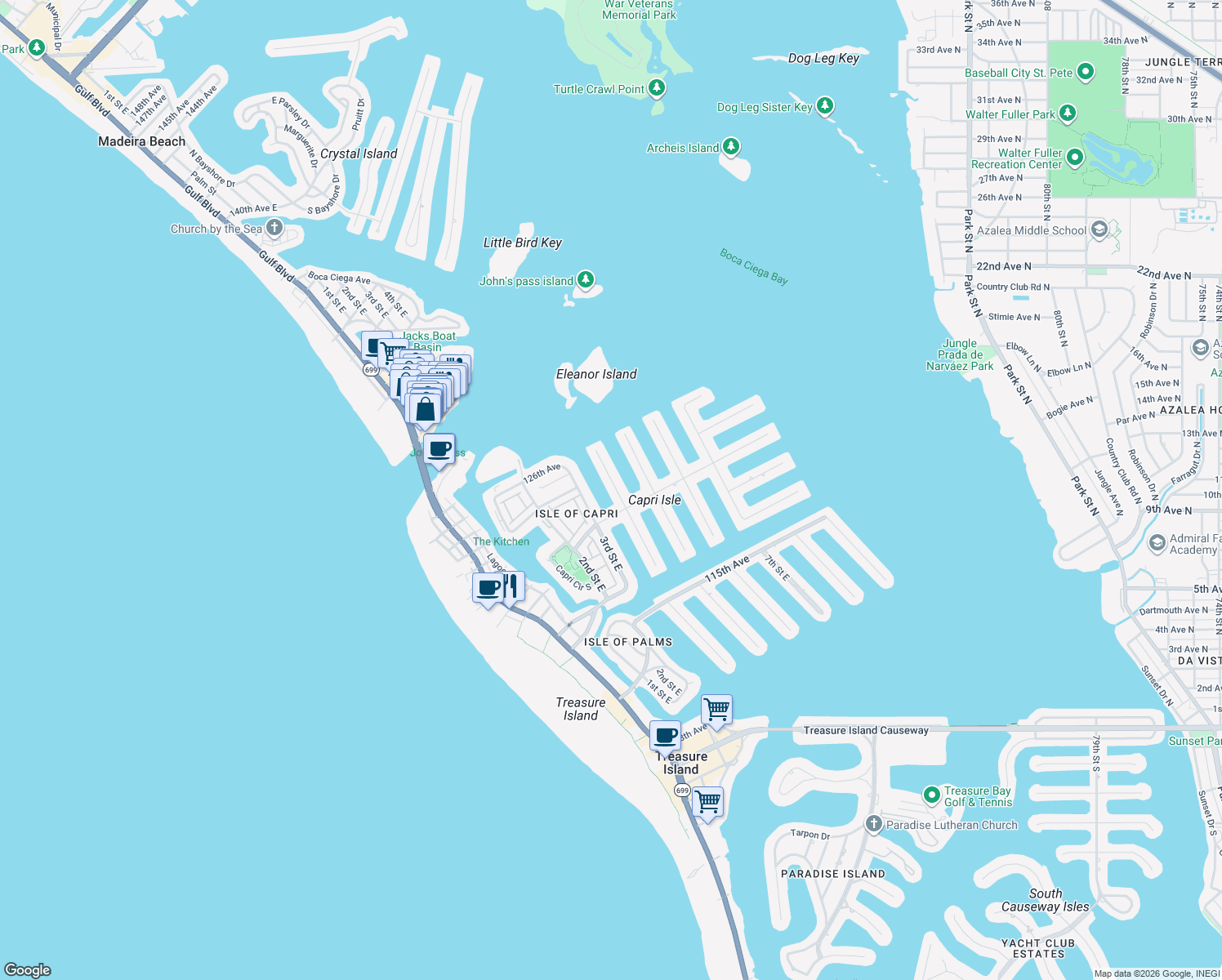 map of restaurants, bars, coffee shops, grocery stores, and more near 12200 4th Street East in Treasure Island