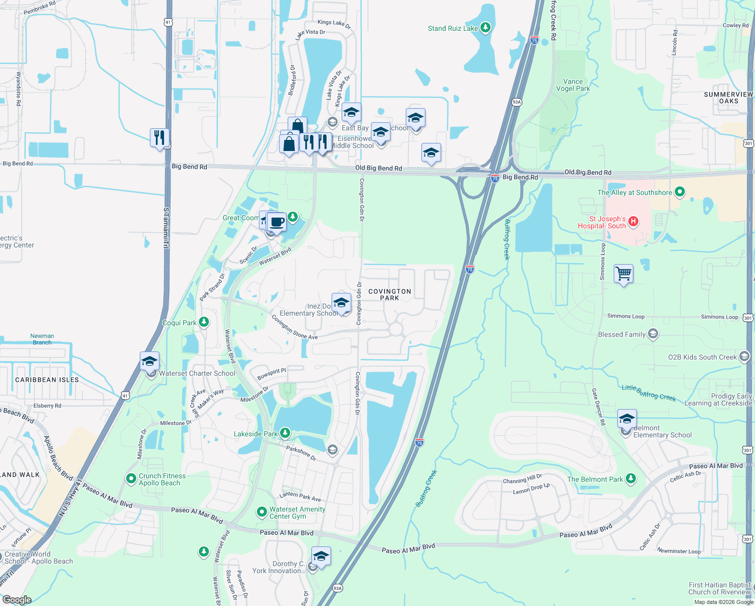 map of restaurants, bars, coffee shops, grocery stores, and more near 7617 Bristol Park Drive in Apollo Beach