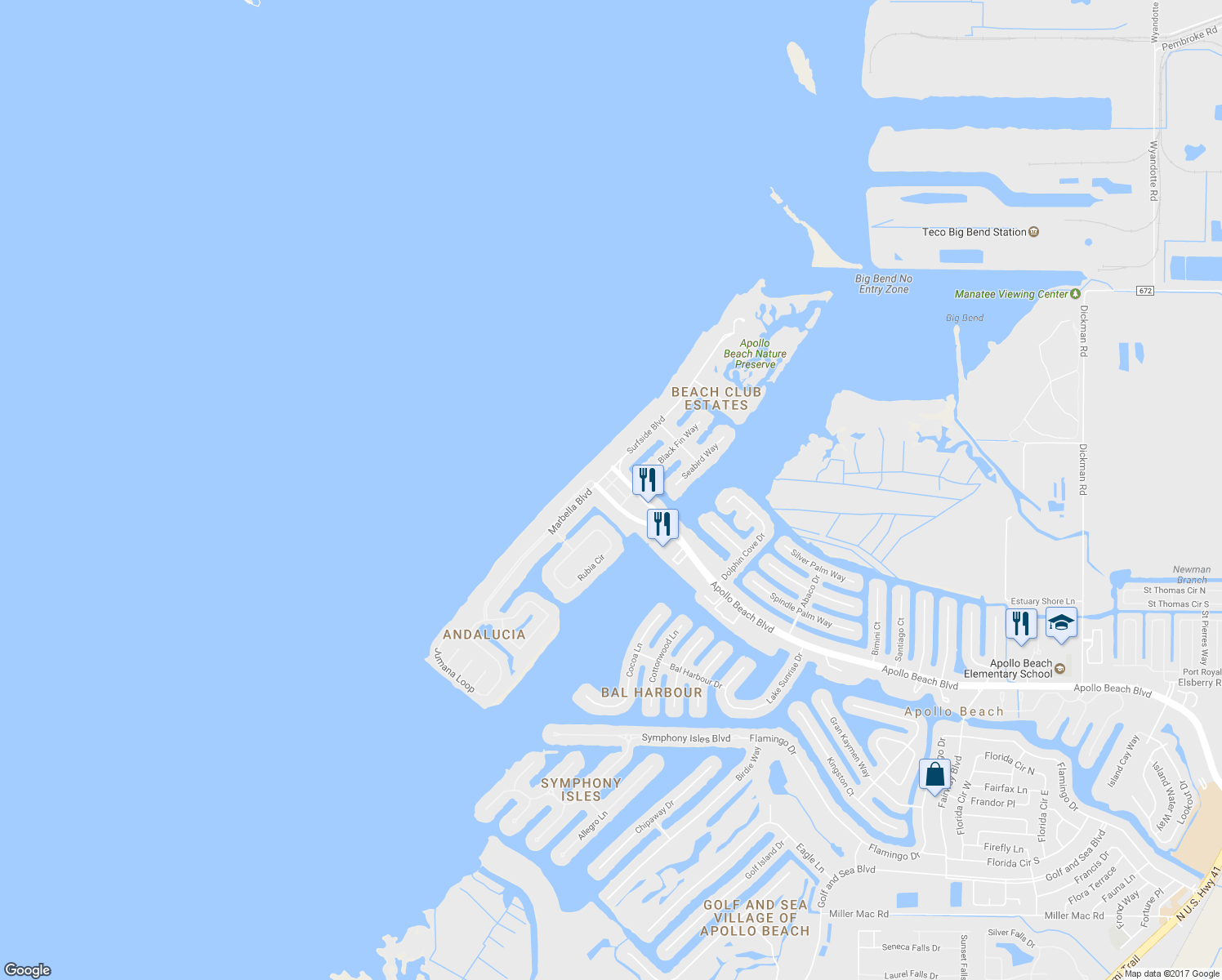 map of restaurants, bars, coffee shops, grocery stores, and more near 6411 Mayra Shores Lane in Apollo Beach