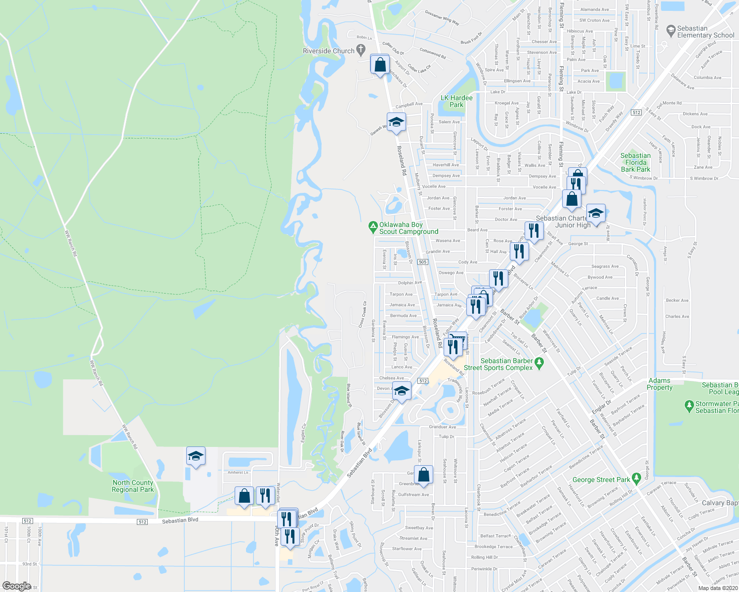 map of restaurants, bars, coffee shops, grocery stores, and more near 514 Cross Creek Circle in Sebastian