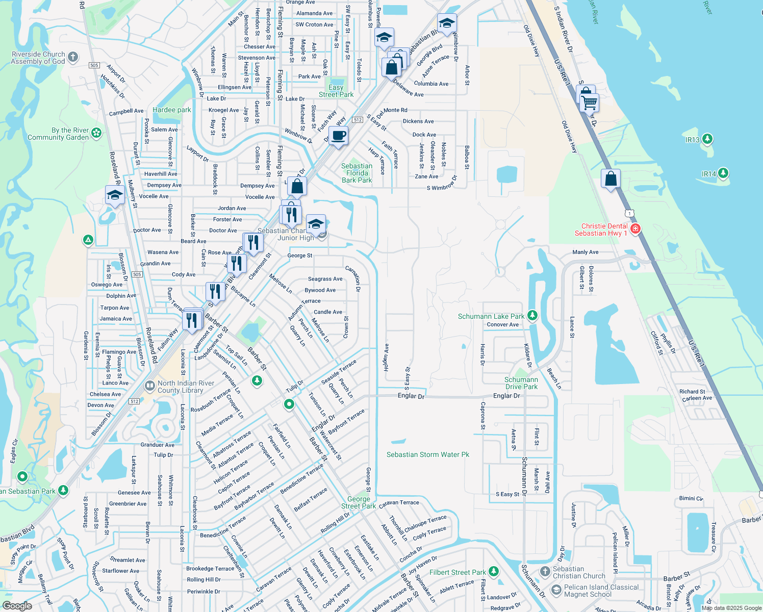 map of restaurants, bars, coffee shops, grocery stores, and more near 744 Holden Avenue in Sebastian