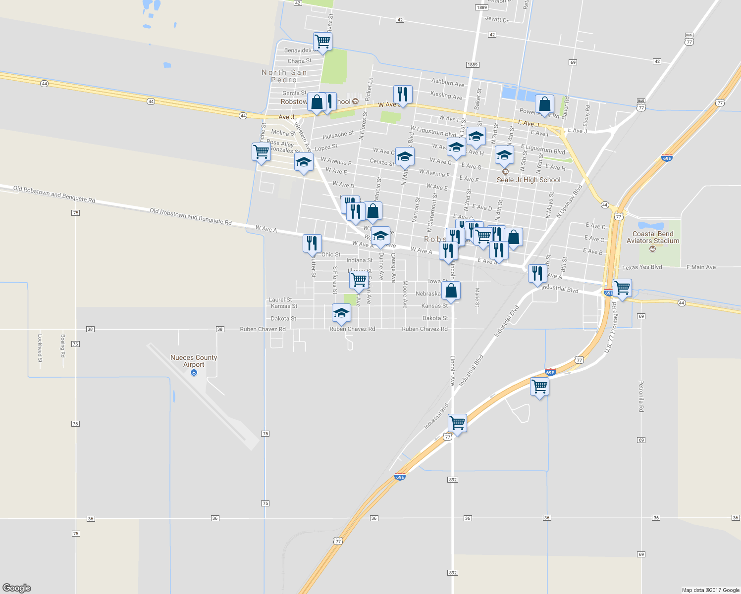 map of restaurants, bars, coffee shops, grocery stores, and more near 714 Nebraska Street in Robstown