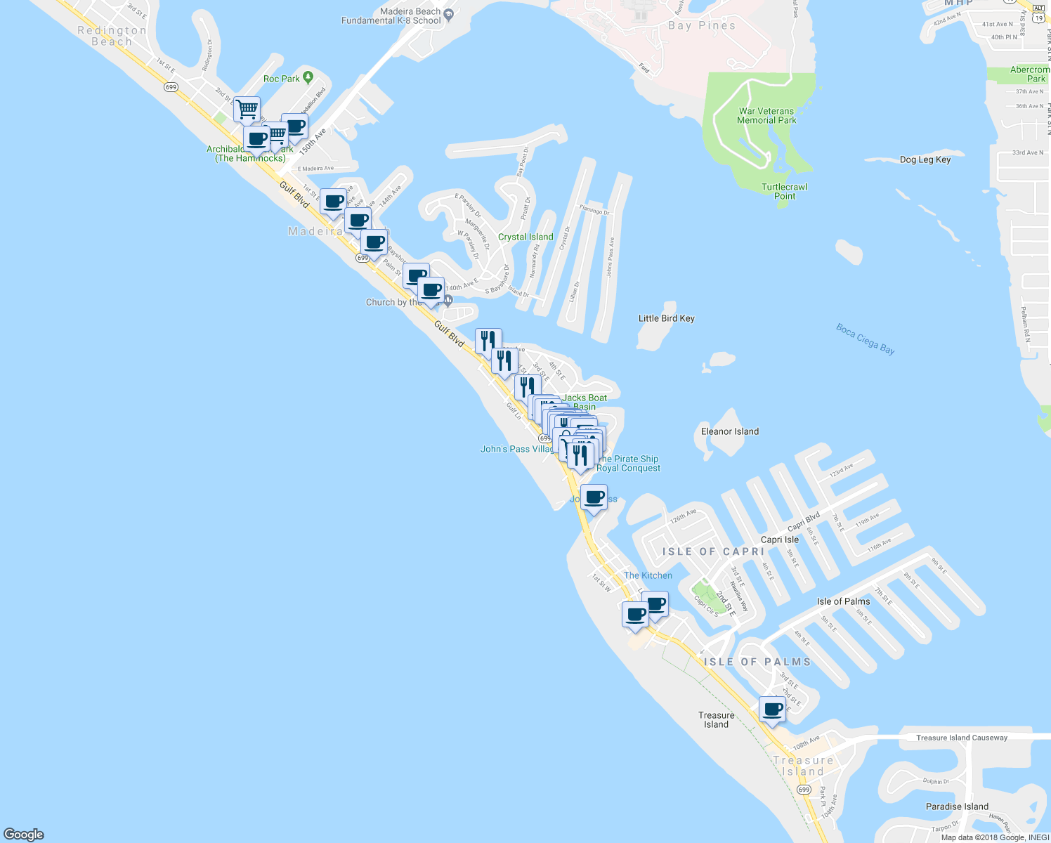 map of restaurants, bars, coffee shops, grocery stores, and more near 13142 Gulf Lane in Madeira Beach