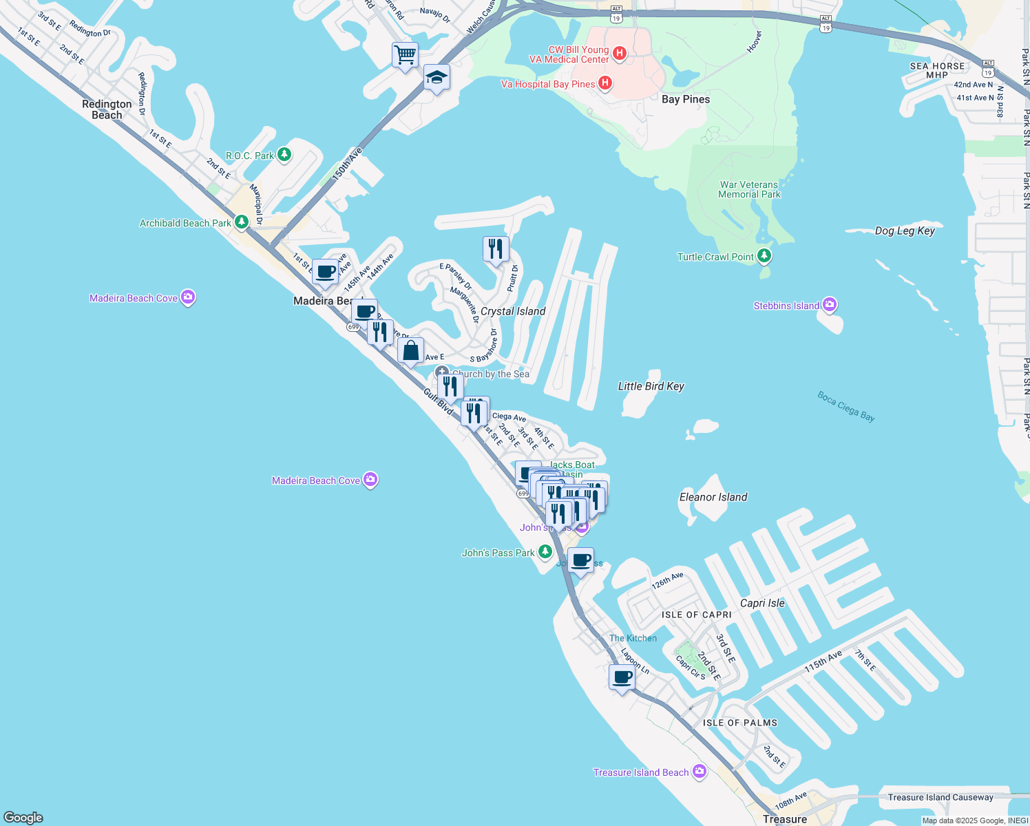 map of restaurants, bars, coffee shops, grocery stores, and more near 13345 Boca Ciega Avenue in Madeira Beach