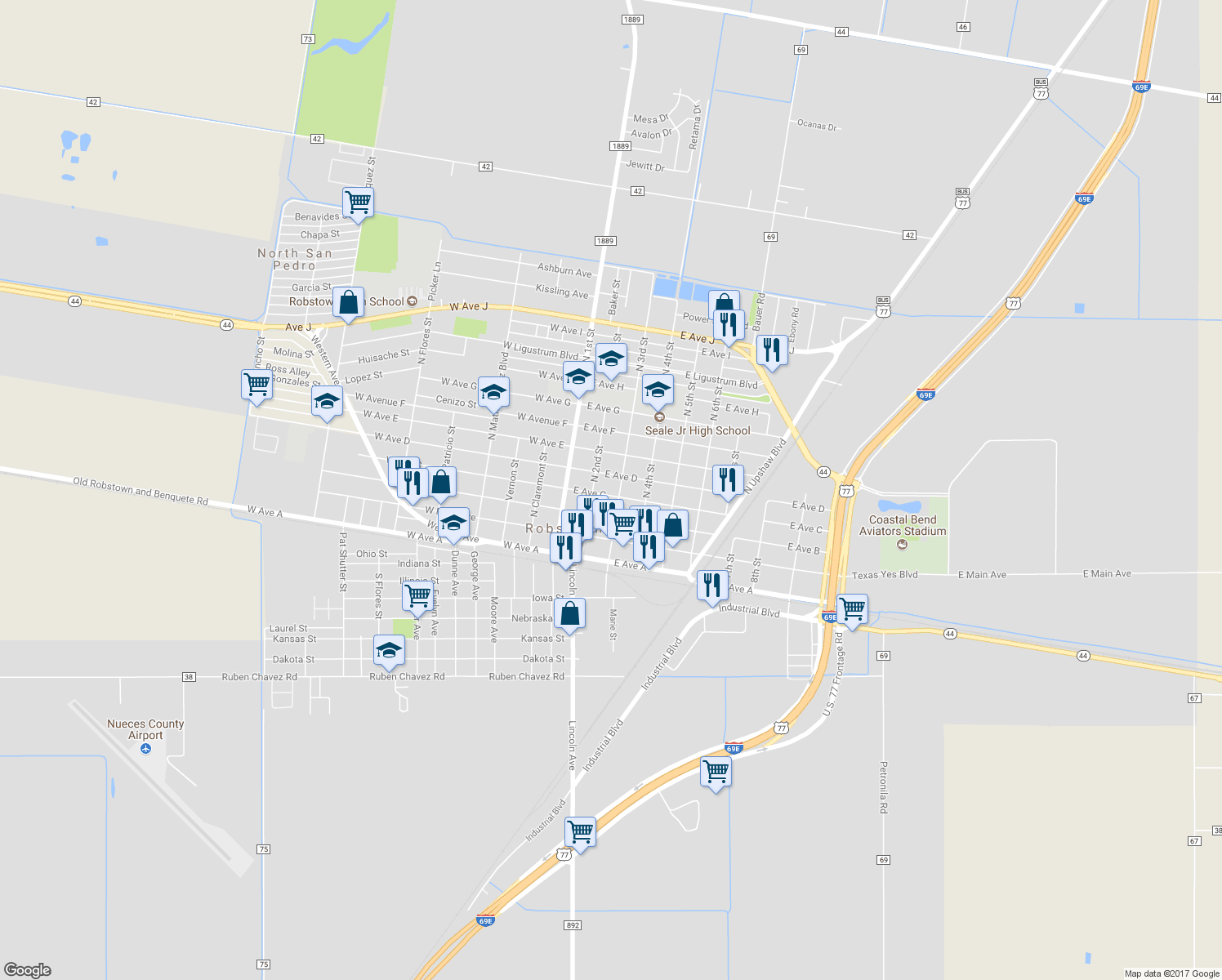 map of restaurants, bars, coffee shops, grocery stores, and more near 223 East Avenue C in Robstown