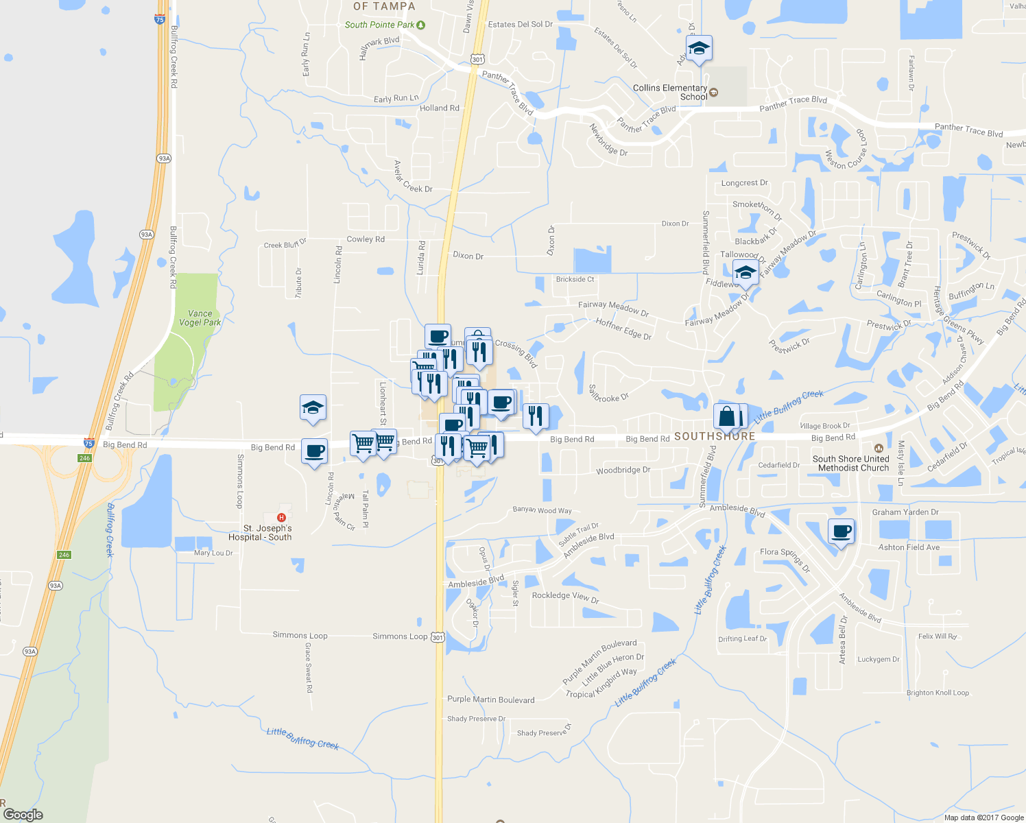 map of restaurants, bars, coffee shops, grocery stores, and more near 13149 Elk Mountain Drive in Riverview