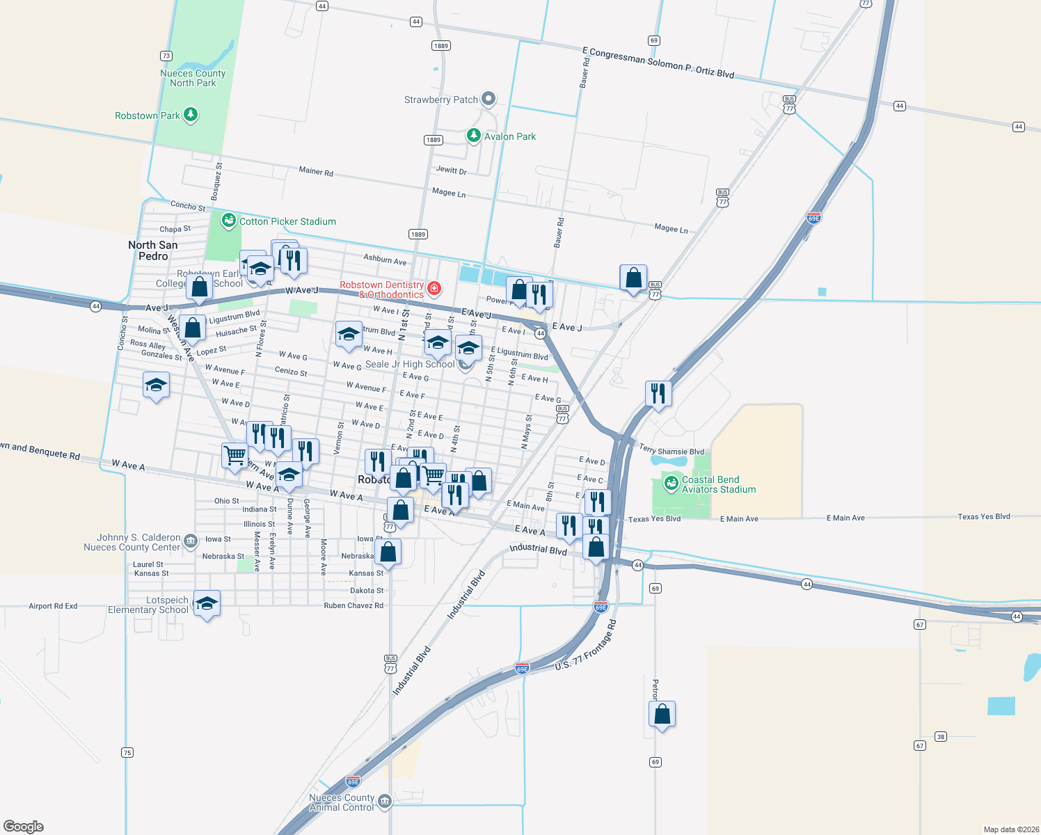 map of restaurants, bars, coffee shops, grocery stores, and more near 618 East Avenue F in Robstown