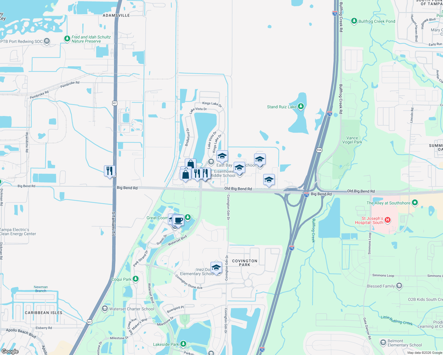 map of restaurants, bars, coffee shops, grocery stores, and more near 13114 Sonoma Bend Place in Gibsonton