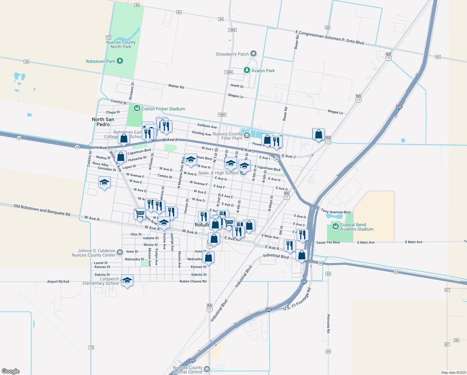 map of restaurants, bars, coffee shops, grocery stores, and more near 305 East Avenue F in Robstown