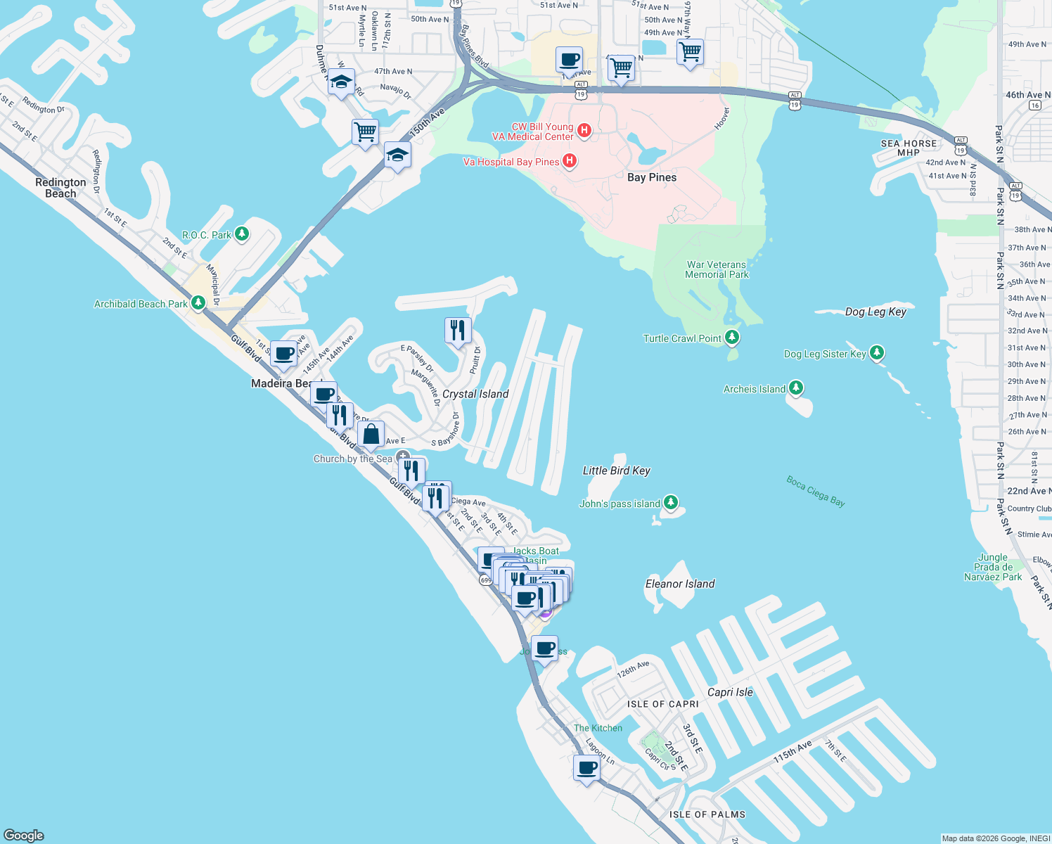 map of restaurants, bars, coffee shops, grocery stores, and more near 538 Lillian Dr in Madeira Beach