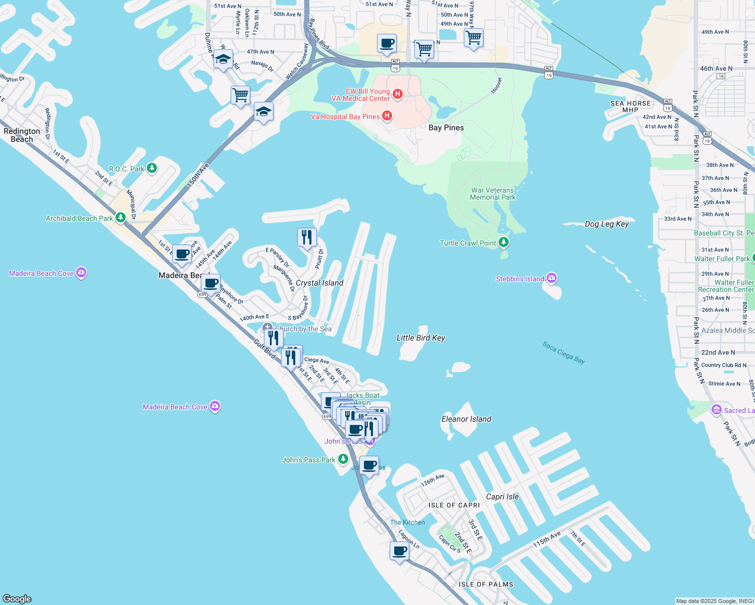 map of restaurants, bars, coffee shops, grocery stores, and more near 530 Johns Pass Ave in Madeira Beach