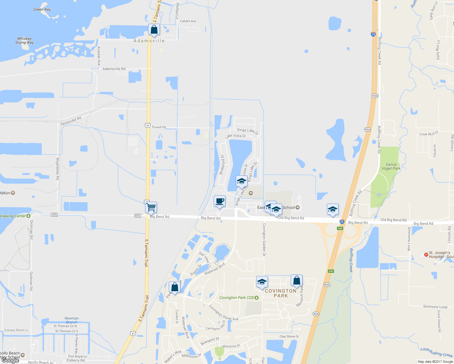 map of restaurants, bars, coffee shops, grocery stores, and more near 12507 Lake Vista Drive in Gibsonton