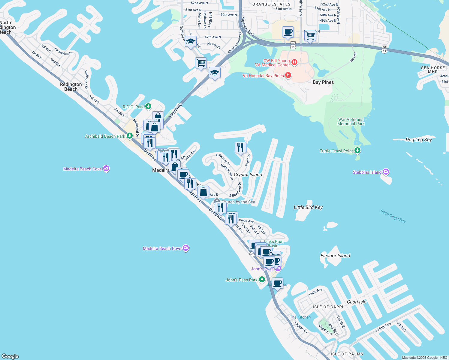 map of restaurants, bars, coffee shops, grocery stores, and more near 14016 West Parsley Drive in Madeira Beach