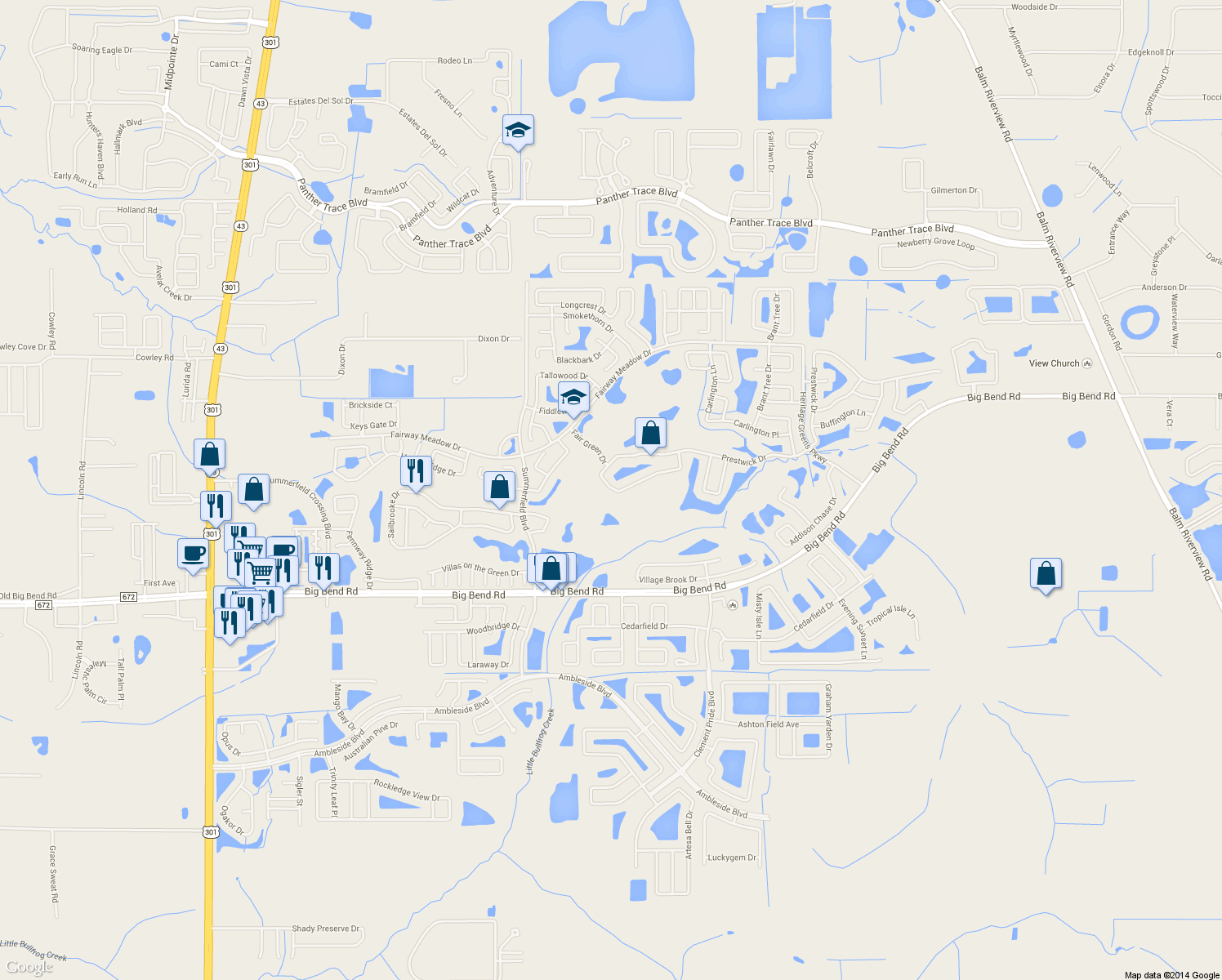 map of restaurants, bars, coffee shops, grocery stores, and more near 12940 Prestwick Drive in Riverview