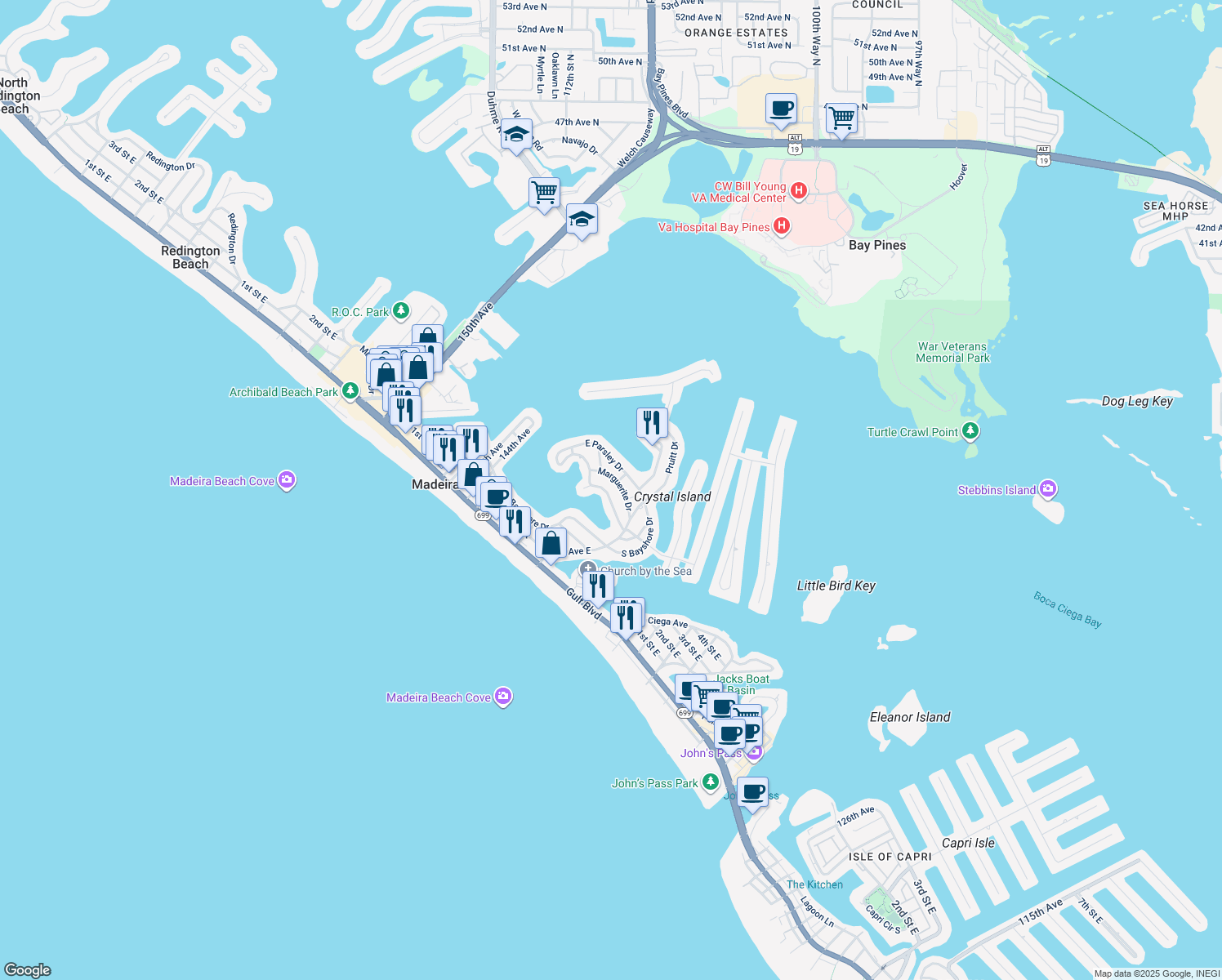 map of restaurants, bars, coffee shops, grocery stores, and more near 14071 West Parsley Drive in Madeira Beach
