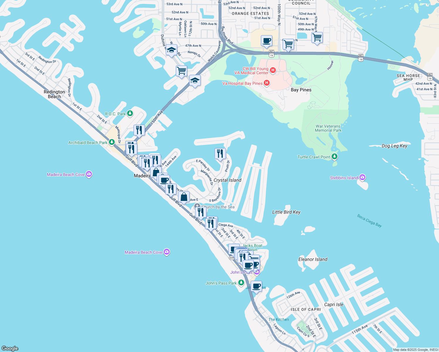 map of restaurants, bars, coffee shops, grocery stores, and more near 703 Sunset Cove in Madeira Beach