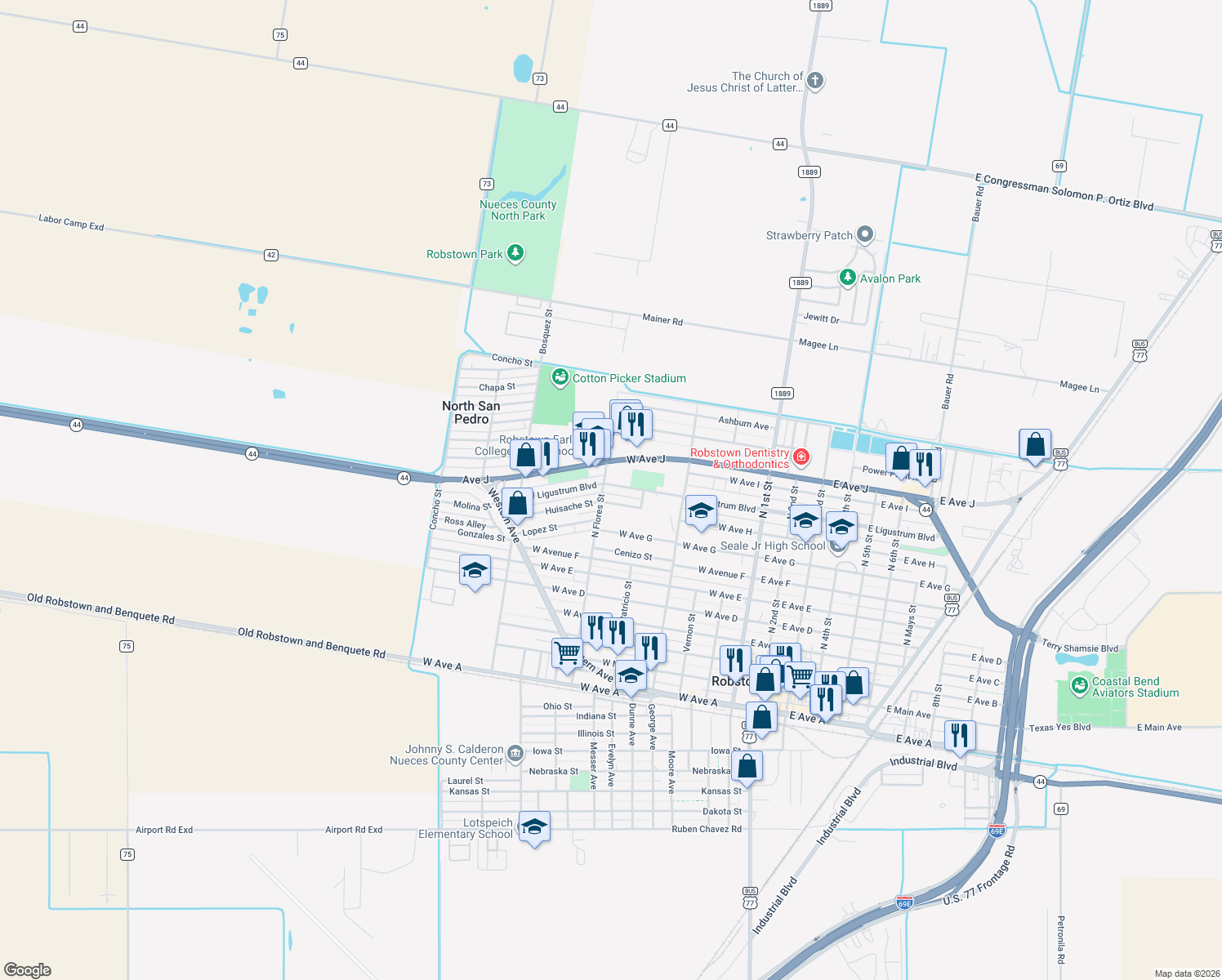 map of restaurants, bars, coffee shops, grocery stores, and more near 520 West Ligustrum Boulevard in Robstown