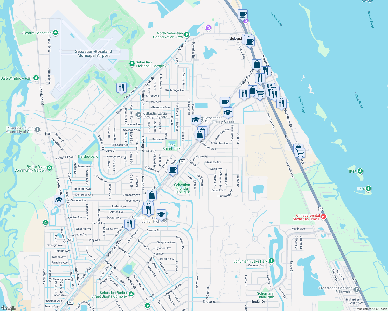 map of restaurants, bars, coffee shops, grocery stores, and more near 270 Del Monte Road in Sebastian