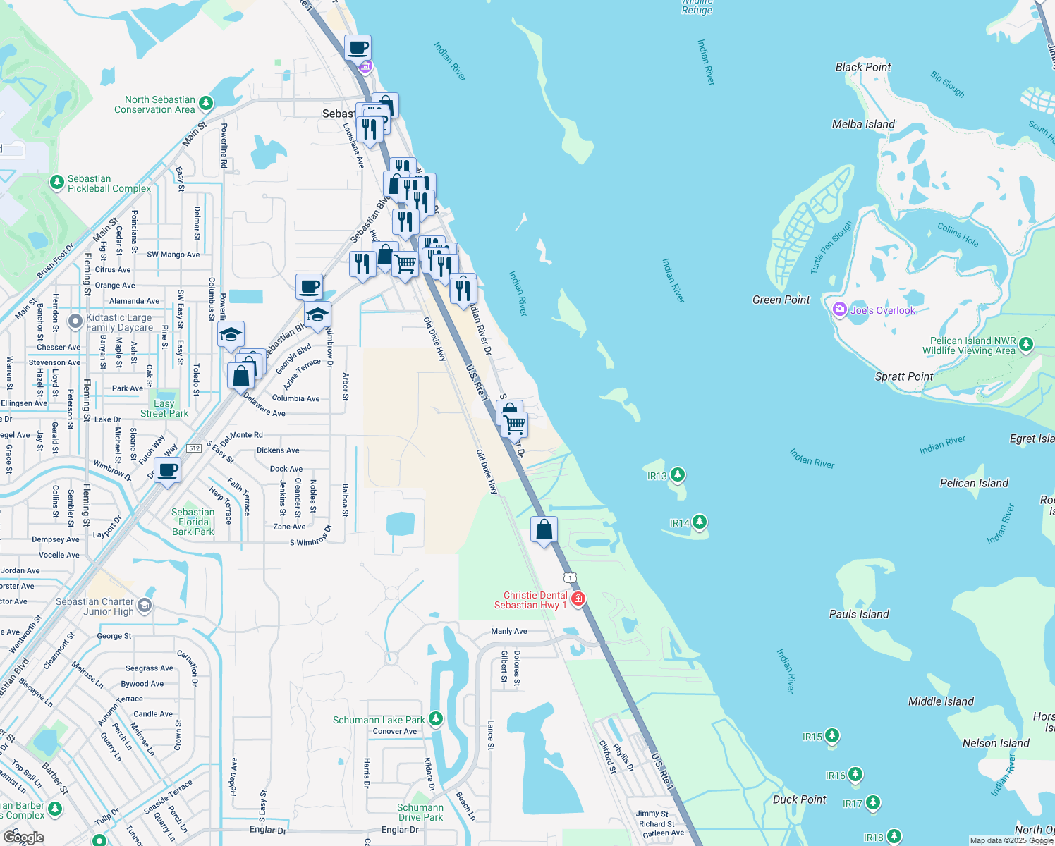 map of restaurants, bars, coffee shops, grocery stores, and more near 11296 South Indian River Drive in Sebastian