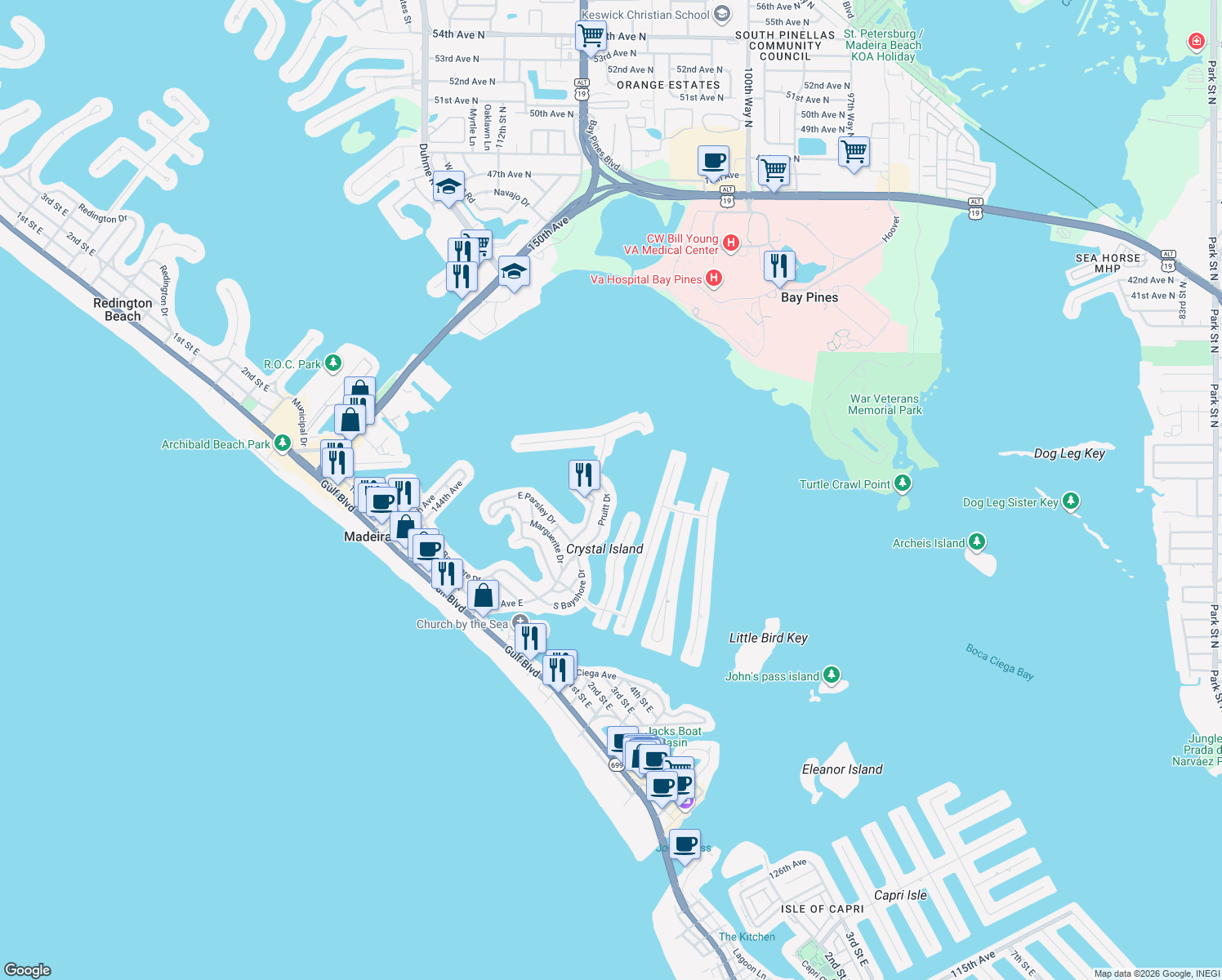 map of restaurants, bars, coffee shops, grocery stores, and more near 736 Pruitt Drive in Madeira Beach