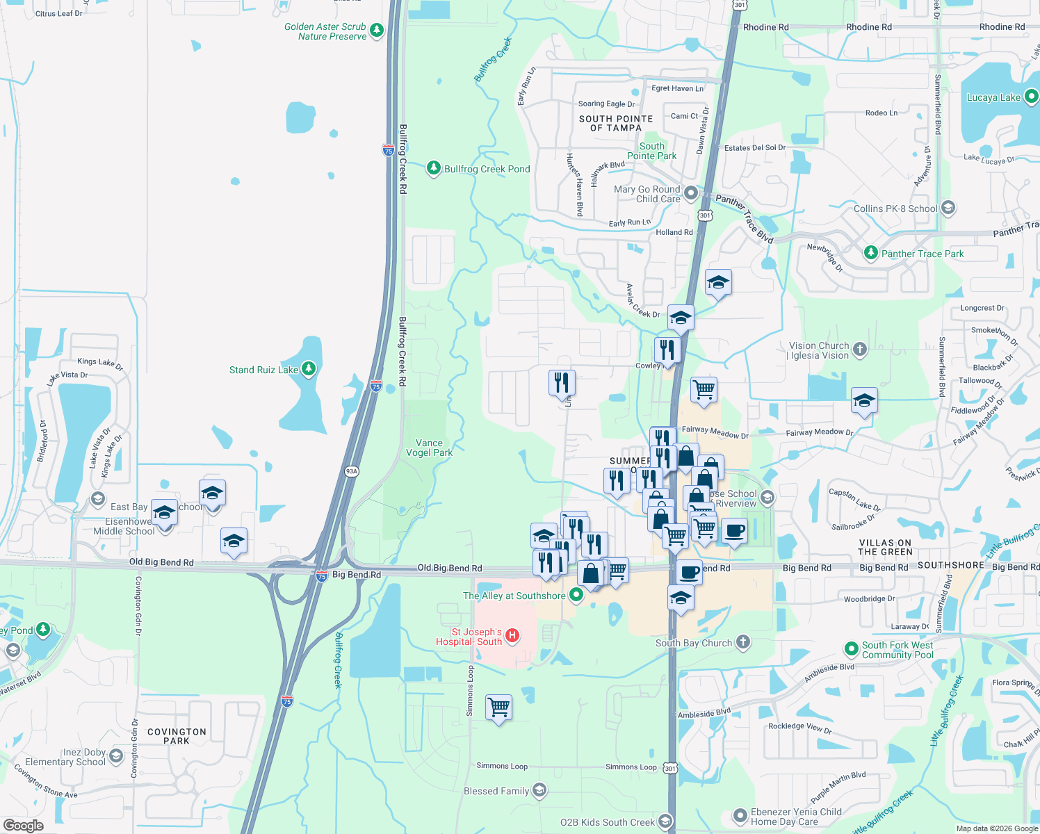 map of restaurants, bars, coffee shops, grocery stores, and more near 12965 Tribute Drive in Riverview