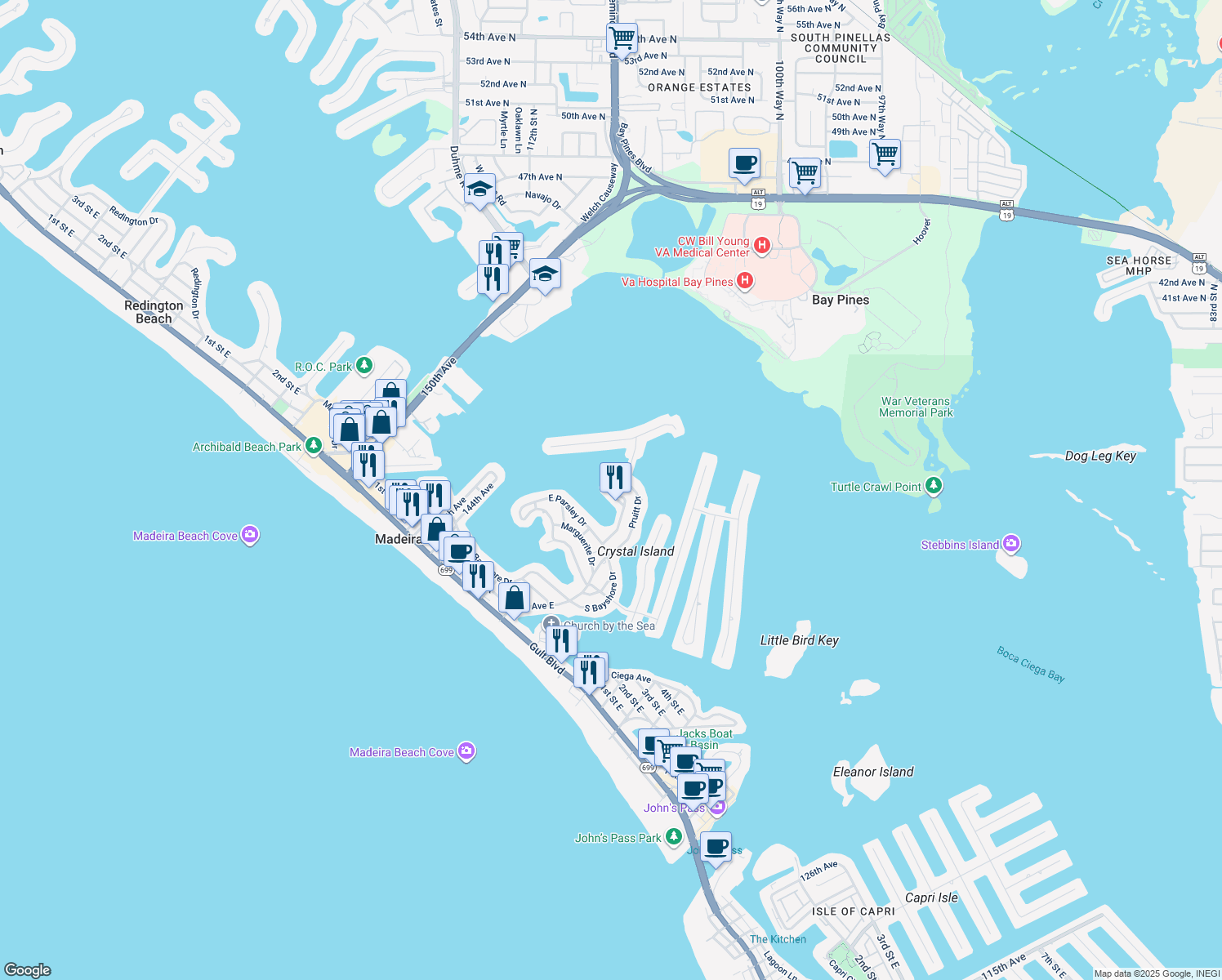 map of restaurants, bars, coffee shops, grocery stores, and more near 753 Pruitt Drive in Madeira Beach