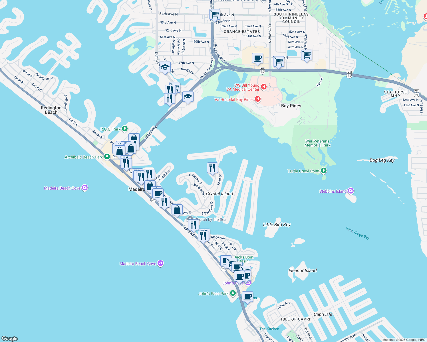map of restaurants, bars, coffee shops, grocery stores, and more near 749 Pruitt Drive in Madeira Beach