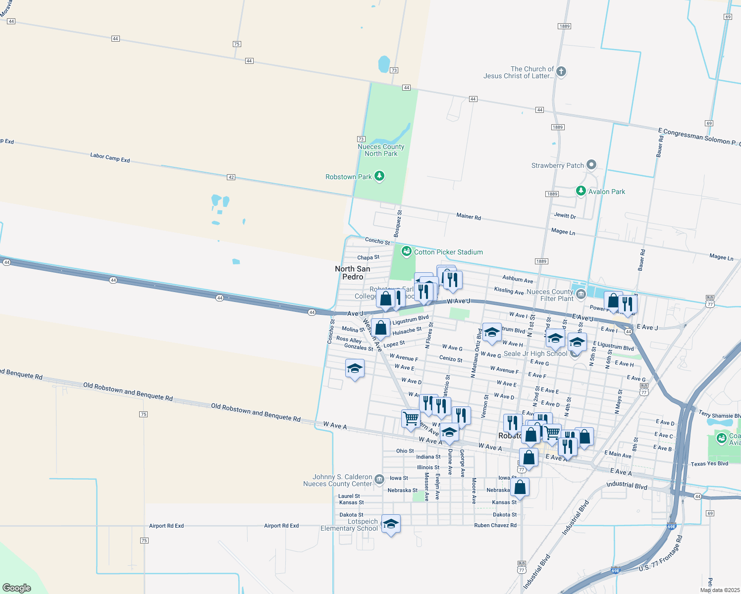 map of restaurants, bars, coffee shops, grocery stores, and more near 825 Nueces St in Robstown