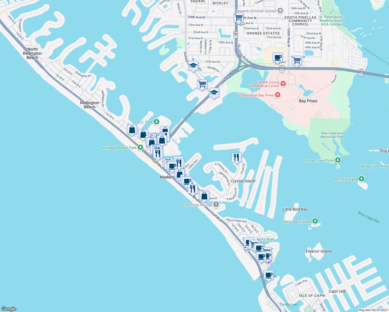 map of restaurants, bars, coffee shops, grocery stores, and more near 360 145th Avenue in Madeira Beach