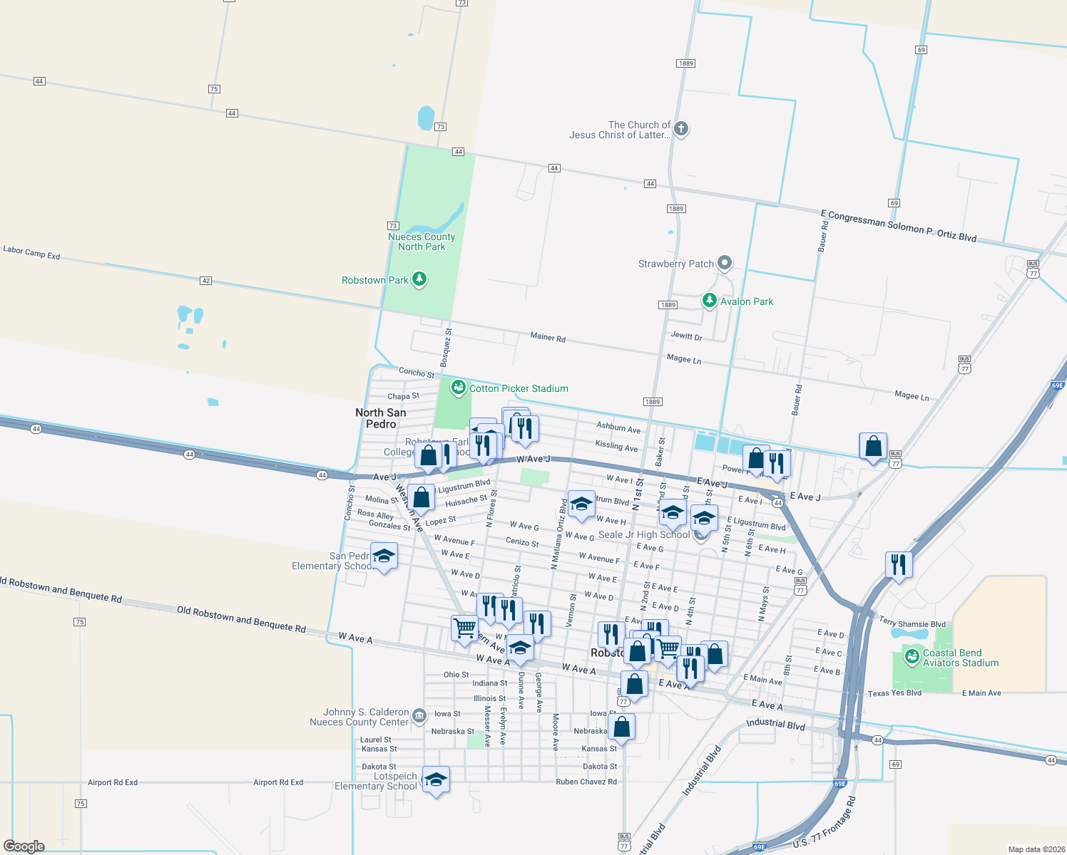 map of restaurants, bars, coffee shops, grocery stores, and more near 315 Kissling Avenue in Robstown