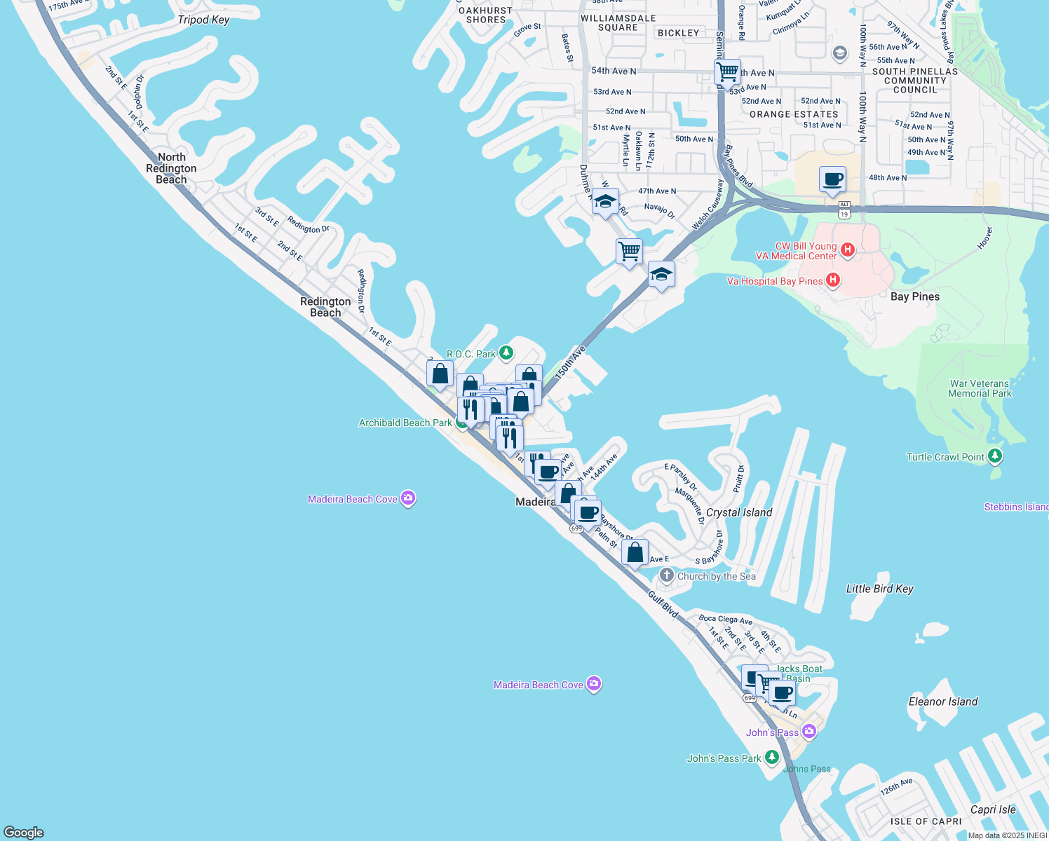 map of restaurants, bars, coffee shops, grocery stores, and more near 207 150th Ave in Madeira Beach