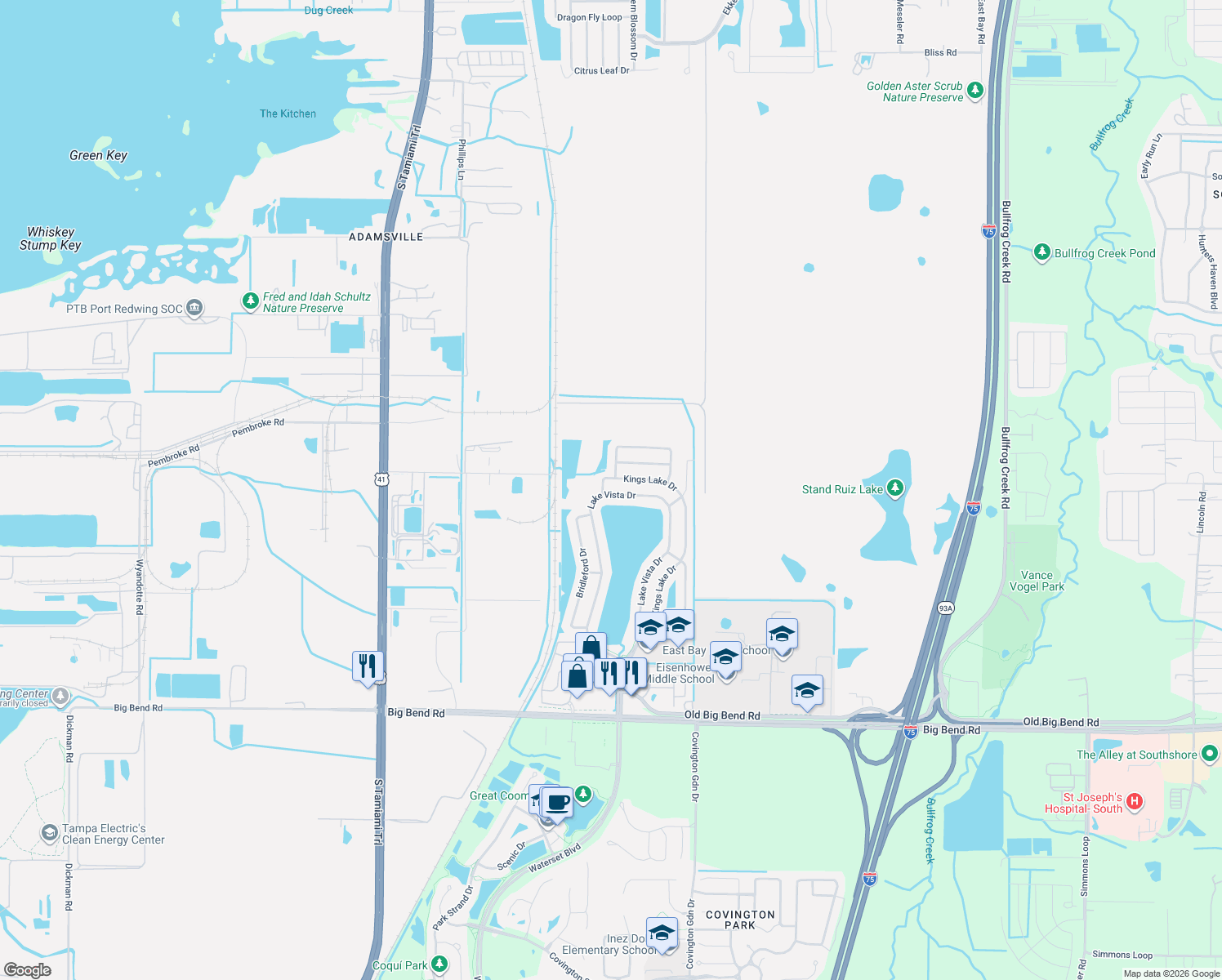 map of restaurants, bars, coffee shops, grocery stores, and more near 12720 Lake Vista Drive in Gibsonton
