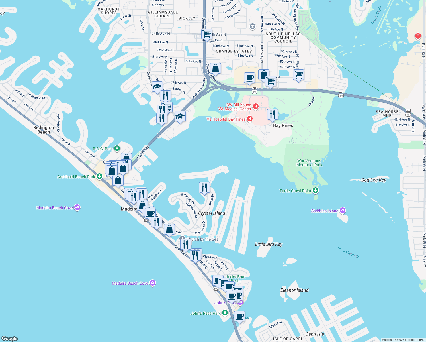 map of restaurants, bars, coffee shops, grocery stores, and more near 856 Bay Point Drive in Madeira Beach